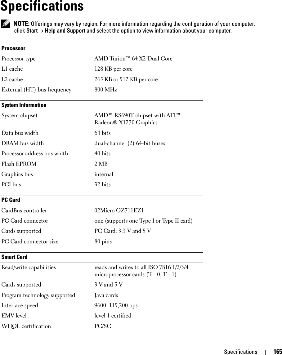 Specifications 165Specifications NOTE: Offerings may vary by region. For more information regarding the configuration of your computer, click Start→ Help and Support and select the option to view information about your computer.ProcessorProcessor type AMD Turion™ 64 X2 Dual CoreL1 cache 128 KB per coreL2 cache 265 KB or 512 KB per coreExternal (HT) bus frequency 800 MHzSystem InformationSystem chipset AMD™ RS690T chipset with ATI™ Radeon® X1270 GraphicsData bus width 64 bitsDRAM bus width dual-channel (2) 64-bit busesProcessor address bus width 40 bitsFlash EPROM 2 MBGraphics bus internalPCI bus 32 bitsPC CardCardBus controller 02Micro OZ711EZ1PC Card connector one (supports one Type I or Type II card)Cards supported PC Card: 3.3 V and 5 VPC Card connector size 80 pinsSmart CardRead/write capabilities reads and writes to all ISO 7816 1/2/3/4 microprocessor cards (T=0, T=1)Cards supported 3 V and 5 VProgram technology supported Java cardsInterface speed 9600–115,200 bpsEMV level level 1 certifiedWHQL certification PC/SC