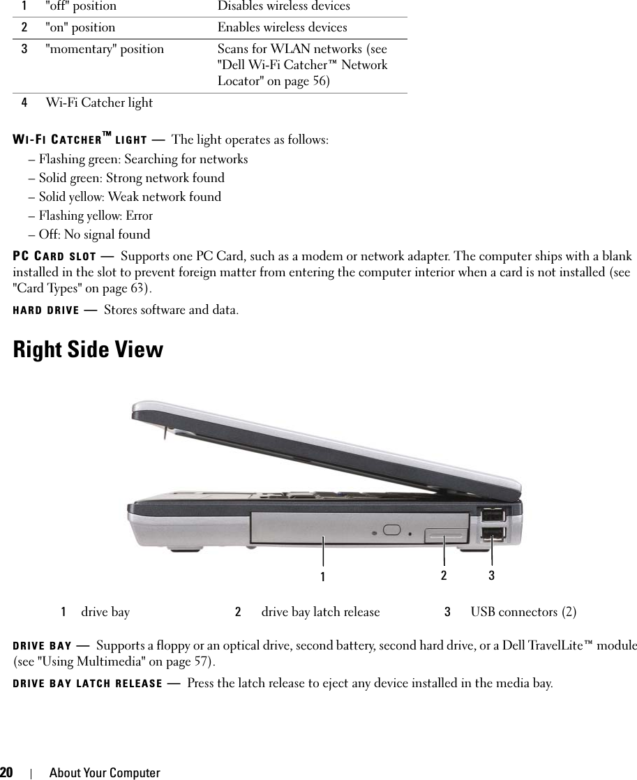 20 About Your ComputerWI-FI CATCHER™ LIGHT —The light operates as follows:– Flashing green: Searching for networks– Solid green: Strong network found– Solid yellow: Weak network found– Flashing yellow: Error– Off: No signal foundPC CARD SLOT —Supports one PC Card, such as a modem or network adapter. The computer ships with a blank installed in the slot to prevent foreign matter from entering the computer interior when a card is not installed (see &quot;Card Types&quot; on page 63).HARD DRIVE —Stores software and data.Right Side ViewDRIVE BAY —Supports a floppy or an optical drive, second battery, second hard drive, or a Dell TravelLite™ module (see &quot;Using Multimedia&quot; on page 57).DRIVE BAY LATCH RELEASE —Press the latch release to eject any device installed in the media bay.1&quot;off&quot; position Disables wireless devices2&quot;on&quot; position Enables wireless devices3&quot;momentary&quot; position Scans for WLAN networks (see &quot;Dell Wi-Fi Catcher™ Network Locator&quot; on page 56)4Wi-Fi Catcher light1drive bay 2drive bay latch release 3USB connectors (2)12 3