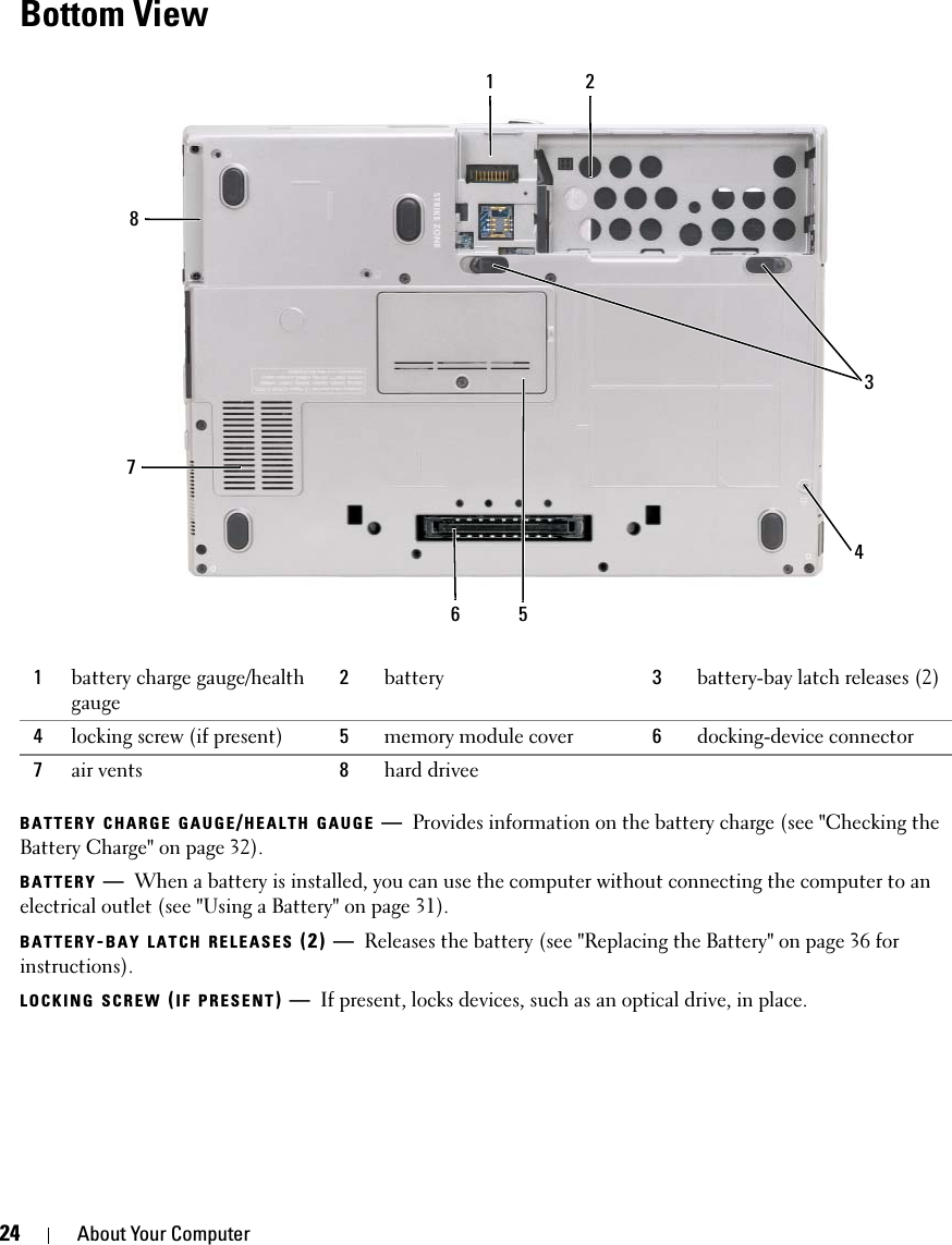 24 About Your ComputerBottom ViewBATTERY CHARGE GAUGE/HEALTH GAUGE —Provides information on the battery charge (see &quot;Checking the Battery Charge&quot; on page 32).BATTERY —When a battery is installed, you can use the computer without connecting the computer to an electrical outlet (see &quot;Using a Battery&quot; on page 31).BATTERY-BAY LATCH RELEASES (2) — Releases the battery (see &quot;Replacing the Battery&quot; on page 36 for instructions).LOCKING SCREW (IF PRESENT)—If present, locks devices, such as an optical drive, in place.1battery charge gauge/health gauge2battery 3battery-bay latch releases (2)4locking screw (if present) 5memory module cover 6docking-device connector7air vents  8hard drivee76152834