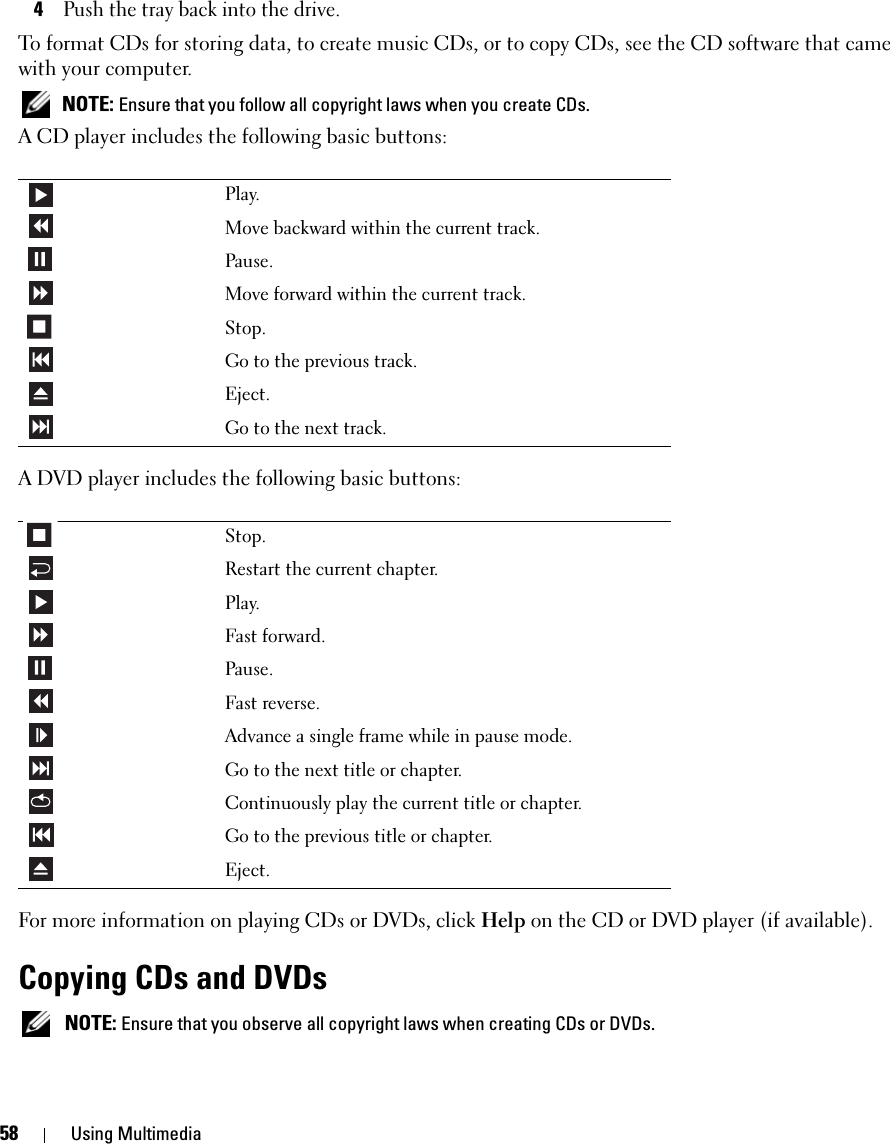 58 Using Multimedia4Push the tray back into the drive.To format CDs for storing data, to create music CDs, or to copy CDs, see the CD software that came with your computer. NOTE: Ensure that you follow all copyright laws when you create CDs.A CD player includes the following basic buttons:A DVD player includes the following basic buttons:For more information on playing CDs or DVDs, click Help on the CD or DVD player (if available).Copying CDs and DVDs NOTE: Ensure that you observe all copyright laws when creating CDs or DVDs.Play.Move backward within the current track.Pause.Move forward within the current track.Stop.Go to the previous track.Eject.Go to the next track.Stop.Restart the current chapter.Play.Fast forward.Pause.Fast reverse.Advance a single frame while in pause mode.Go to the next title or chapter.Continuously play the current title or chapter.Go to the previous title or chapter.Eject.