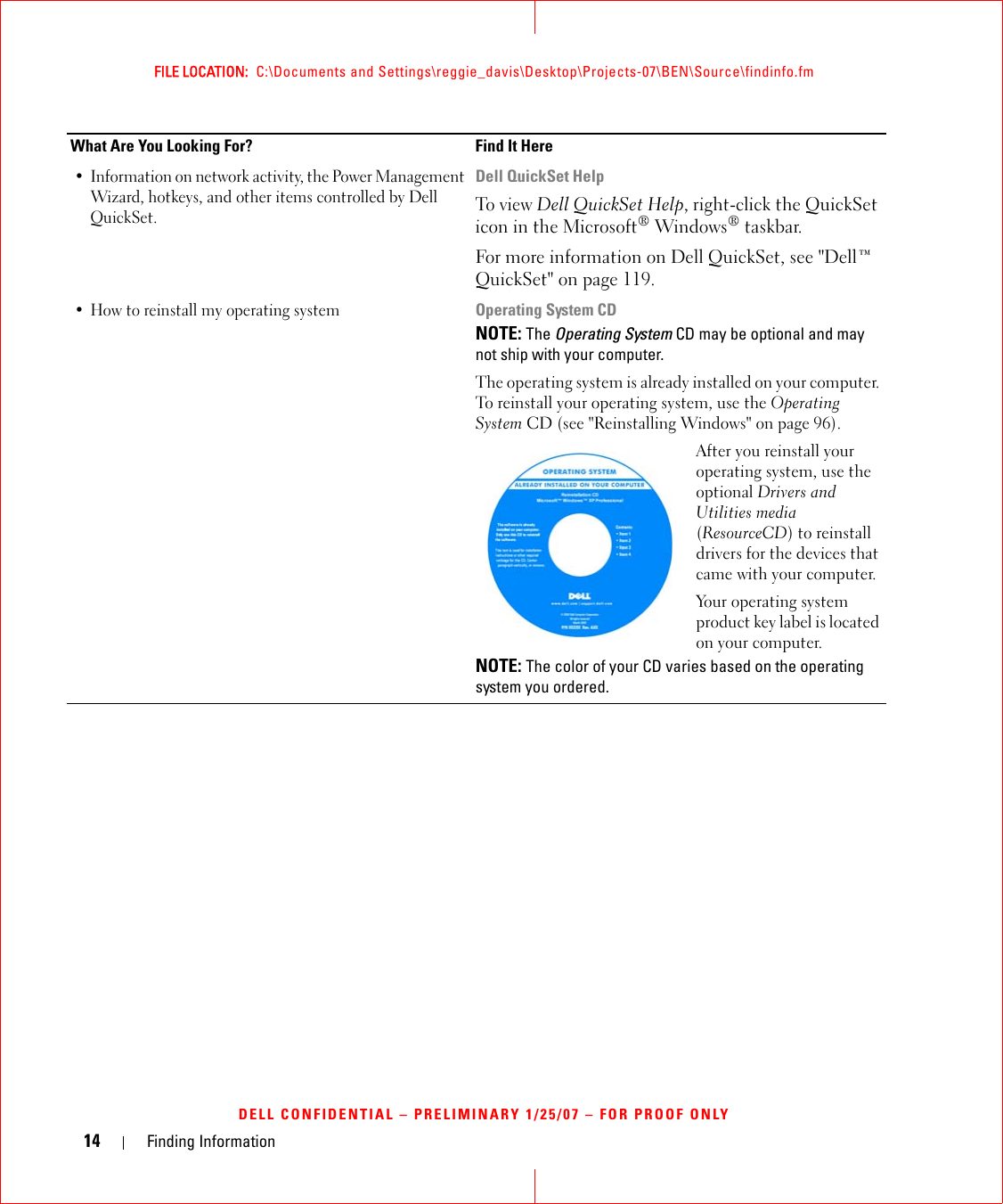 14 Finding InformationFILE LOCATION:  C:\Documents and Settings\reggie_davis\Desktop\Projects-07\BEN\Source\findinfo.fmDELL CONFIDENTIAL – PRELIMINARY 1/25/07 – FOR PROOF ONLY• Information on network activity, the Power Management Wizard, hotkeys, and other items controlled by Dell QuickSet.Dell QuickSet HelpTo view Dell QuickSet Help, right-click the QuickSet icon in the Microsoft® Windows® taskbar.For more information on Dell QuickSet, see &quot;Dell™ QuickSet&quot; on page 119.• How to reinstall my operating systemOperating System CDNOTE: The Operating System CD may be optional and may not ship with your computer.The operating system is already installed on your computer. To reinstall your operating system, use the Operating System CD (see &quot;Reinstalling Windows&quot; on page 96).After you reinstall your operating system, use the optional Drivers and Utilities media (ResourceCD) to reinstall drivers for the devices that came with your computer.Your operating system product key label is located on your computer.NOTE: The color of your CD varies based on the operating system you ordered.What Are You Looking For? Find It Here