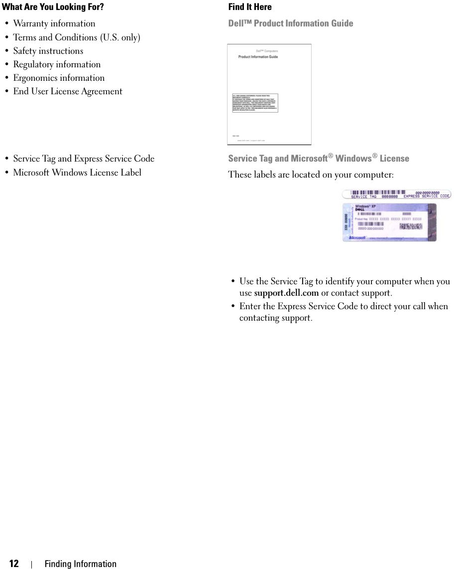 12 Finding Information• Warranty information• Terms and Conditions (U.S. only)• Safety instructions• Regulatory information• Ergonomics information• End User License AgreementDell™ Product Information Guide• Service Tag and Express Service Code • Microsoft Windows License LabelService Tag and Microsoft® Windows® LicenseThese labels are located on your computer:• Use the Service Tag to identify your computer when you use support.dell.com or contact support.• Enter the Express Service Code to direct your call when contacting support. What Are You Looking For? Find It Here