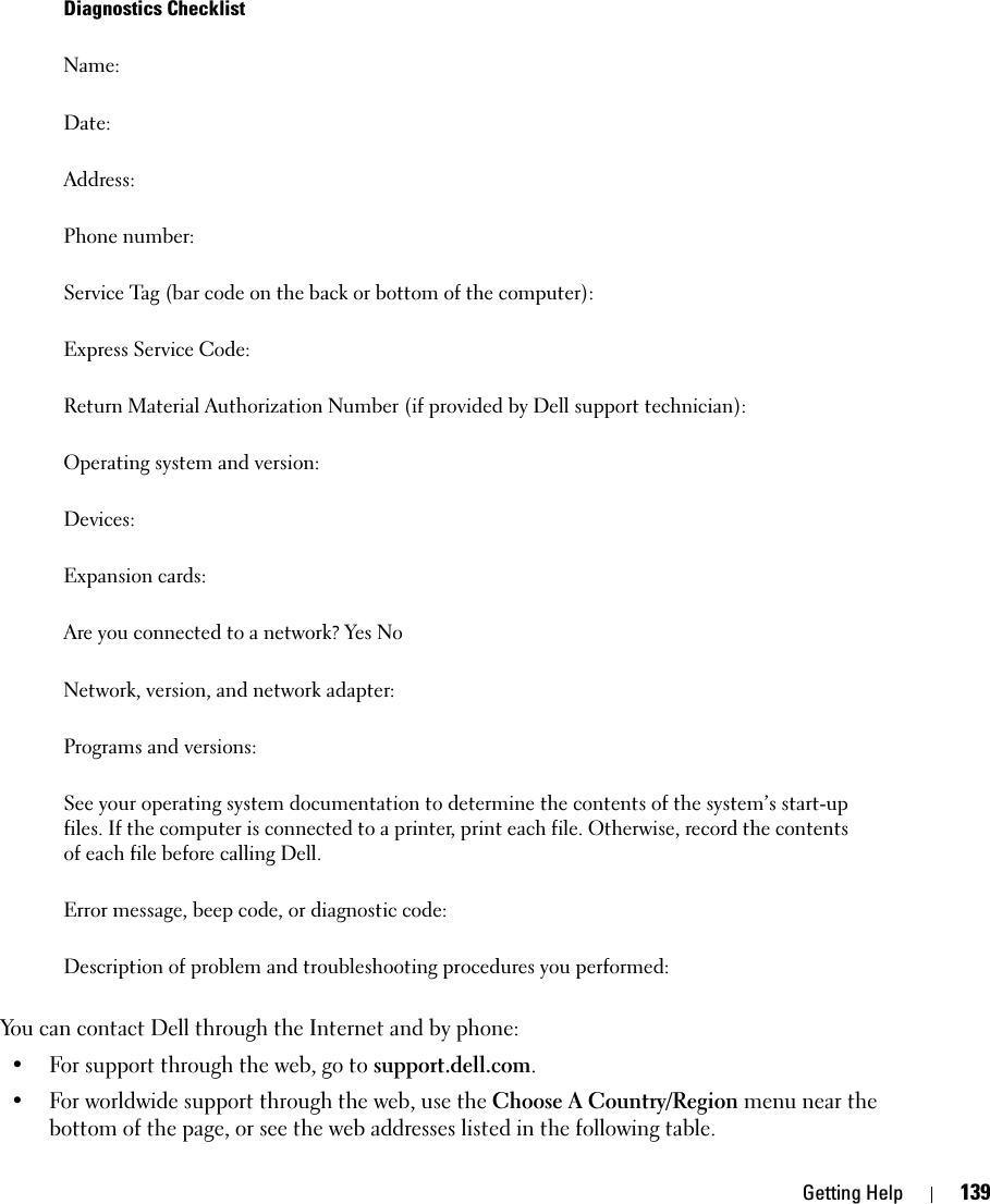 Getting Help 139You can contact Dell through the Internet and by phone:• For support through the web, go to support.dell.com.• For worldwide support through the web, use the Choose A Country/Region menu near the bottom of the page, or see the web addresses listed in the following table.Diagnostics ChecklistName:Date:Address:Phone number:Service Tag (bar code on the back or bottom of the computer):Express Service Code:Return Material Authorization Number (if provided by Dell support technician):Operating system and version:Devices:Expansion cards:Are you connected to a network? Yes NoNetwork, version, and network adapter:Programs and versions:See your operating system documentation to determine the contents of the system’s start-up files. If the computer is connected to a printer, print each file. Otherwise, record the contents of each file before calling Dell.Error message, beep code, or diagnostic code:Description of problem and troubleshooting procedures you performed: