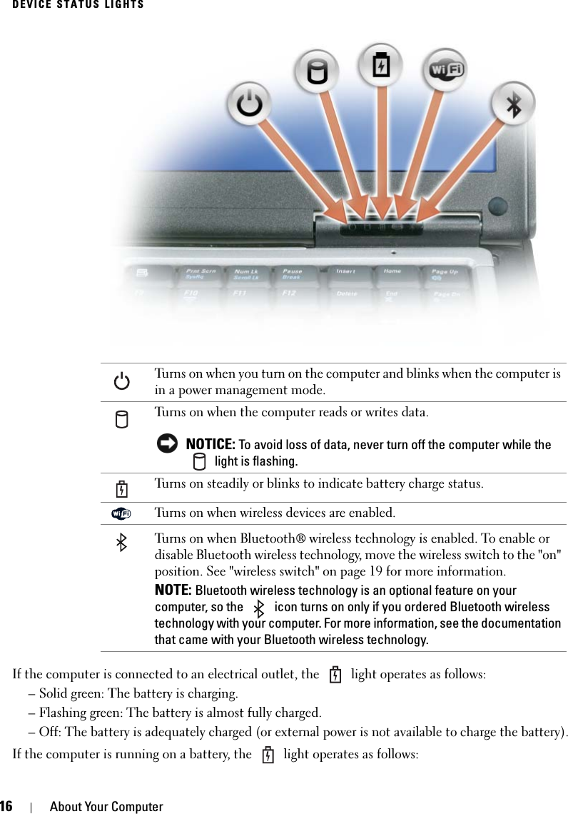 16 About Your ComputerDEVICE STATUS LIGHTSIf the computer is connected to an electrical outlet, the   light operates as follows:– Solid green: The battery is charging.– Flashing green: The battery is almost fully charged.– Off: The battery is adequately charged (or external power is not available to charge the battery).If the computer is running on a battery, the   light operates as follows:Turns on when you turn on the computer and blinks when the computer is in a power management mode.Turns on when the computer reads or writes data. NOTICE: To avoid loss of data, never turn off the computer while the  light is flashing.Turns on steadily or blinks to indicate battery charge status.Turns on when wireless devices are enabled.Turns on when Bluetooth® wireless technology is enabled. To enable or disable Bluetooth wireless technology, move the wireless switch to the &quot;on&quot; position. See &quot;wireless switch&quot; on page 19 for more information.NOTE: Bluetooth wireless technology is an optional feature on your computer, so the   icon turns on only if you ordered Bluetooth wireless technology with your computer. For more information, see the documentation that came with your Bluetooth wireless technology.