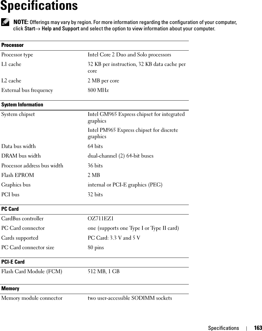 Specifications 163Specifications NOTE: Offerings may vary by region. For more information regarding the configuration of your computer, click Start→ Help and Support and select the option to view information about your computer.ProcessorProcessor type Intel Core 2 Duo and Solo processorsL1 cache 32 KB per instruction, 32 KB data cache per coreL2 cache 2 MB per coreExternal bus frequency 800 MHzSystem InformationSystem chipset Intel GM965 Express chipset for integrated graphicsIntel PM965 Express chipset for discrete graphicsData bus width 64 bitsDRAM bus width dual-channel (2) 64-bit busesProcessor address bus width 36 bitsFlash EPROM 2 MBGraphics bus internal or PCI-E graphics (PEG)PCI bus 32 bitsPC CardCardBus controller OZ711EZ1PC Card connector one (supports one Type I or Type II card)Cards supported PC Card: 3.3 V and 5 VPC Card connector size 80 pinsPCI-E CardFlash Card Module (FCM) 512 MB, 1 GBMemoryMemory module connector two user-accessible SODIMM sockets