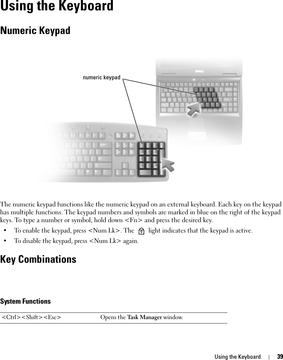 Using the Keyboard 39Using the KeyboardNumeric KeypadThe numeric keypad functions like the numeric keypad on an external keyboard. Each key on the keypad has multiple functions. The keypad numbers and symbols are marked in blue on the right of the keypad keys. To type a number or symbol, hold down &lt;Fn&gt; and press the desired key.• To enable the keypad, press &lt;Num Lk&gt;. The   light indicates that the keypad is active.• To disable the keypad, press &lt;Num Lk&gt; again. Key CombinationsCOMMENT System Functions&lt;Ctrl&gt;&lt;Shift&gt;&lt;Esc&gt; Opens the Task Manager window.numeric keypad9