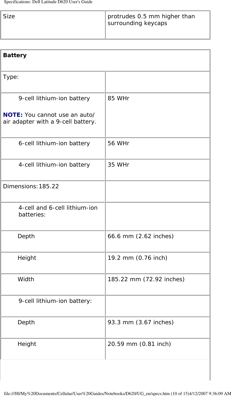 Specifications: Dell Latitude D620 User&apos;s GuideSize protrudes 0.5 mm higher than surrounding keycapsBattery Type:  9-cell lithium-ion batteryNOTE: You cannot use an auto/air adapter with a 9-cell battery.85 WHr 6-cell lithium-ion battery 56 WHr4-cell lithium-ion battery 35 WHrDimensions:185.22  4-cell and 6-cell lithium-ion batteries:  Depth 66.6 mm (2.62 inches)Height 19.2 mm (0.76 inch)Width 185.22 mm (72.92 inches)9-cell lithium-ion battery:  Depth 93.3 mm (3.67 inches)Height 20.59 mm (0.81 inch)file:///H|/My%20Documents/Cellular/User%20Guides/Notebooks/D620/UG_en/specs.htm (10 of 15)4/12/2007 9:36:09 AM