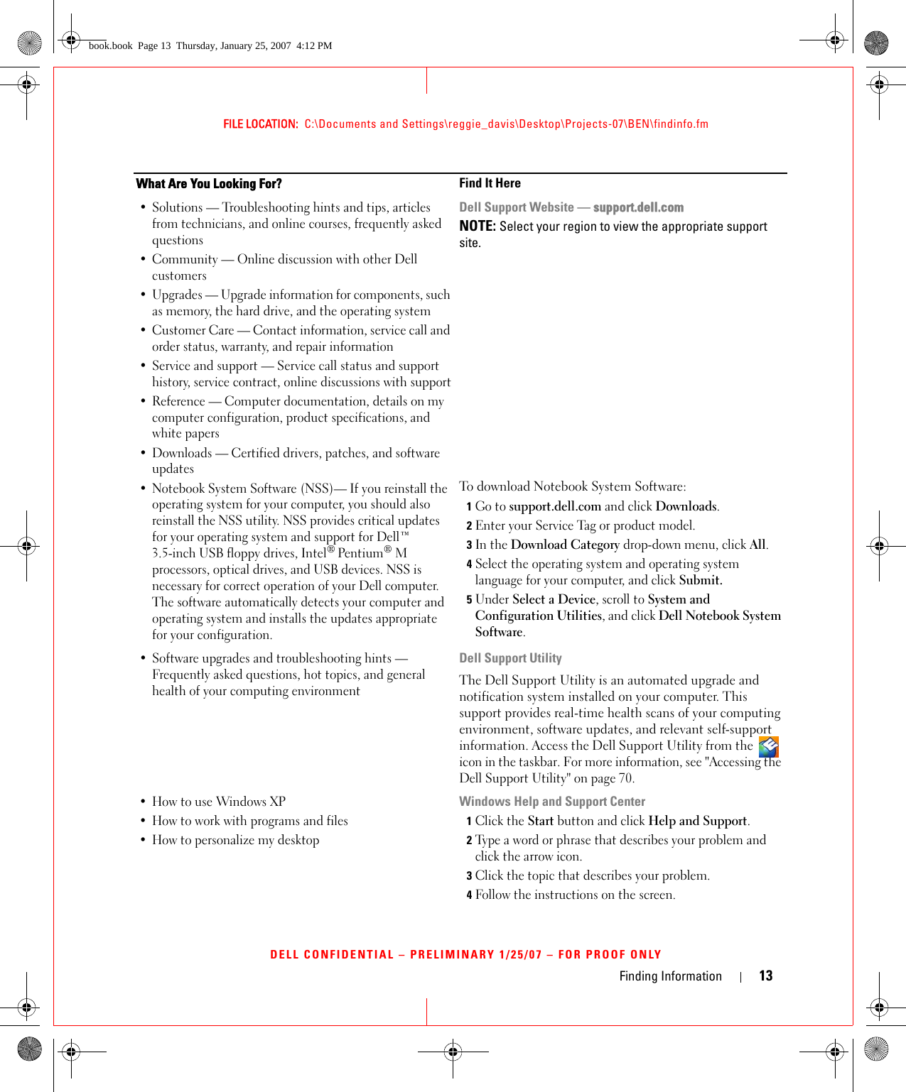 Finding Information 13FILE LOCATION:  C:\Documents and Settings\reggie_davis\Desktop\Projects-07\BEN\findinfo.fmDELL CONFIDENTIAL – PRELIMINARY 1/25/07 – FOR PROOF ONLY• Solutions — Troubleshooting hints and tips, articles from technicians, and online courses, frequently asked questions• Community — Online discussion with other Dell customers• Upgrades — Upgrade information for components, such as memory, the hard drive, and the operating system• Customer Care — Contact information, service call and order status, warranty, and repair information• Service and support — Service call status and support history, service contract, online discussions with support• Reference — Computer documentation, details on my computer configuration, product specifications, and white papers• Downloads — Certified drivers, patches, and software updates• Notebook System Software (NSS)— If you reinstall the operating system for your computer, you should also reinstall the NSS utility. NSS provides critical updates for your operating system and support for Dell™ 3.5-inch USB floppy drives, Intel® Pentium® M processors, optical drives, and USB devices. NSS is necessary for correct operation of your Dell computer. The software automatically detects your computer and operating system and installs the updates appropriate for your configuration.Dell Support Website — support.dell.comNOTE: Select your region to view the appropriate support site.To download Notebook System Software:1Go to support.dell.com and click Downloads. 2Enter your Service Tag or product model.3In the Download Category drop-down menu, click All.4Select the operating system and operating system language for your computer, and click Submit.5Under Select a Device, scroll to System and Configuration Utilities, and click Dell Notebook System Software.• Software upgrades and troubleshooting hints — Frequently asked questions, hot topics, and general health of your computing environmentDell Support UtilityThe Dell Support Utility is an automated upgrade and notification system installed on your computer. This support provides real-time health scans of your computing environment, software updates, and relevant self-support information. Access the Dell Support Utility from the  icon in the taskbar. For more information, see &quot;Accessing the Dell Support Utility&quot; on page 70.• How to use Windows XP• How to work with programs and files• How to personalize my desktopWindows Help and Support Center1Click the Start button and click Help and Support.2Type a word or phrase that describes your problem and click the arrow icon.3Click the topic that describes your problem.4Follow the instructions on the screen.What Are You Looking For? Find It Herebook.book  Page 13  Thursday, January 25, 2007  4:12 PM