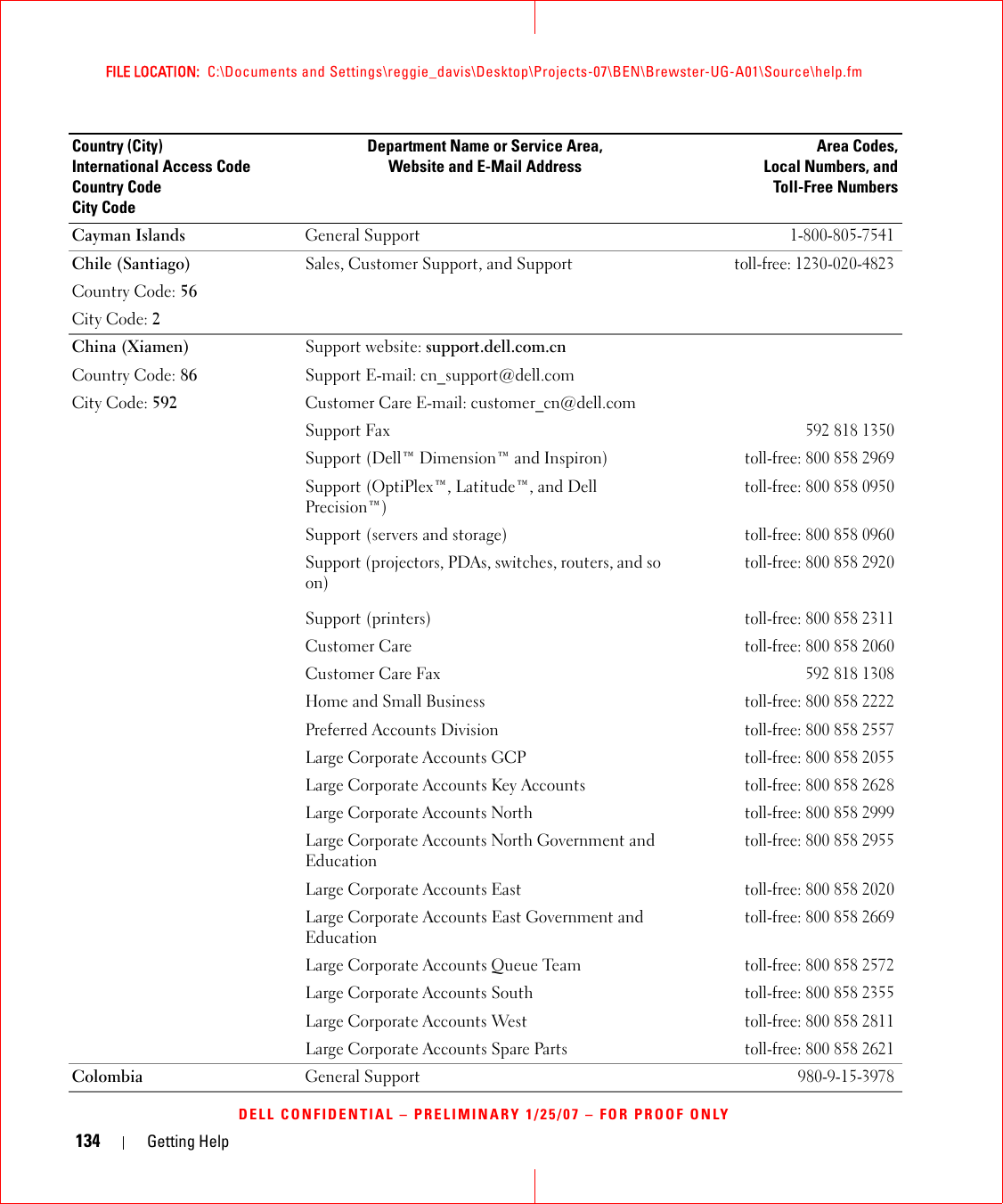 134 Getting HelpFILE LOCATION:  C:\Documents and Settings\reggie_davis\Desktop\Projects-07\BEN\Brewster-UG-A01\Source\help.fmDELL CONFIDENTIAL – PRELIMINARY 1/25/07 – FOR PROOF ONLYCayman Islands General Support1-800-805-7541Chile (Santiago)Country Code: 56City Code: 2Sales, Customer Support, and Supporttoll-free: 1230-020-4823China (Xiamen)Country Code: 86City Code: 592Support website: support.dell.com.cnSupport E-mail: cn_support@dell.comCustomer Care E-mail: customer_cn@dell.comSupport Fax592 818 1350Support (Dell™ Dimension™ and Inspiron)toll-free: 800 858 2969Support (OptiPlex™, Latitude™, and Dell Precision™)toll-free: 800 858 0950Support (servers and storage)toll-free: 800 858 0960Support (projectors, PDAs, switches, routers, and so on)toll-free: 800 858 2920Support (printers)toll-free: 800 858 2311Customer Caretoll-free: 800 858 2060Customer Care Fax592 818 1308Home and Small Businesstoll-free: 800 858 2222Preferred Accounts Divisiontoll-free: 800 858 2557Large Corporate Accounts GCPtoll-free: 800 858 2055Large Corporate Accounts Key Accountstoll-free: 800 858 2628Large Corporate Accounts Northtoll-free: 800 858 2999Large Corporate Accounts North Government and Educationtoll-free: 800 858 2955Large Corporate Accounts East toll-free: 800 858 2020Large Corporate Accounts East Government and Educationtoll-free: 800 858 2669Large Corporate Accounts Queue Teamtoll-free: 800 858 2572Large Corporate Accounts Southtoll-free: 800 858 2355Large Corporate Accounts Westtoll-free: 800 858 2811Large Corporate Accounts Spare Parts toll-free: 800 858 2621Colombia General Support980-9-15-3978Country (City)International Access Code Country CodeCity CodeDepartment Name or Service Area,Website and E-Mail AddressArea Codes,Local Numbers, andToll-Free Numbers
