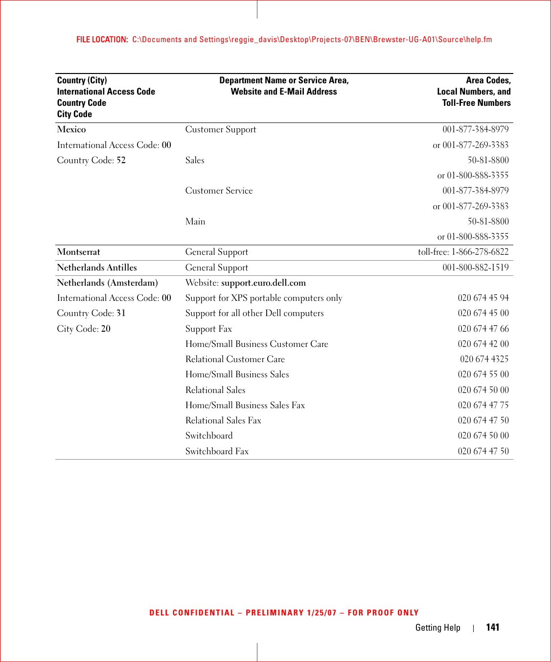 Getting Help 141FILE LOCATION:  C:\Documents and Settings\reggie_davis\Desktop\Projects-07\BEN\Brewster-UG-A01\Source\help.fmDELL CONFIDENTIAL – PRELIMINARY 1/25/07 – FOR PROOF ONLYMexicoInternational Access Code: 00Country Code: 52Customer Support001-877-384-8979or 001-877-269-3383Sales50-81-8800or 01-800-888-3355Customer Service001-877-384-8979or 001-877-269-3383Main50-81-8800or 01-800-888-3355Montserrat General Supporttoll-free: 1-866-278-6822Netherlands Antilles General Support001-800-882-1519Netherlands (Amsterdam)International Access Code: 00Country Code: 31City Code: 20Website: support.euro.dell.com Support for XPS portable computers only020 674 45 94Support for all other Dell computers020 674 45 00Support Fax020 674 47 66Home/Small Business Customer Care020 674 42 00Relational Customer Care 020 674 4325Home/Small Business Sales020 674 55 00Relational Sales020 674 50 00Home/Small Business Sales Fax020 674 47 75Relational Sales Fax020 674 47 50Switchboard020 674 50 00Switchboard Fax020 674 47 50Country (City)International Access Code Country CodeCity CodeDepartment Name or Service Area,Website and E-Mail AddressArea Codes,Local Numbers, andToll-Free Numbers