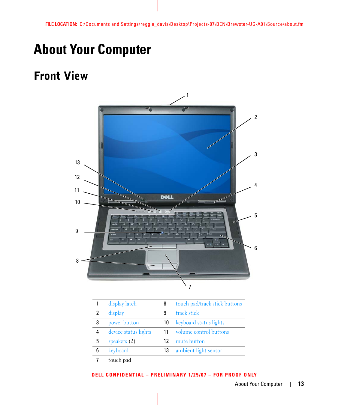 About Your Computer 13FILE LOCATION:  C:\Documents and Settings\reggie_davis\Desktop\Projects-07\BEN\Brewster-UG-A01\Source\about.fmDELL CONFIDENTIAL – PRELIMINARY 1/25/07 – FOR PROOF ONLYAbout Your ComputerFront View1display latch8touch pad/track stick buttons2display9track stick3power button10keyboard status lights4device status lights11volume control buttons5speakers (2) 12mute button6keyboard13ambient light sensor7touch pad15210711 412368139