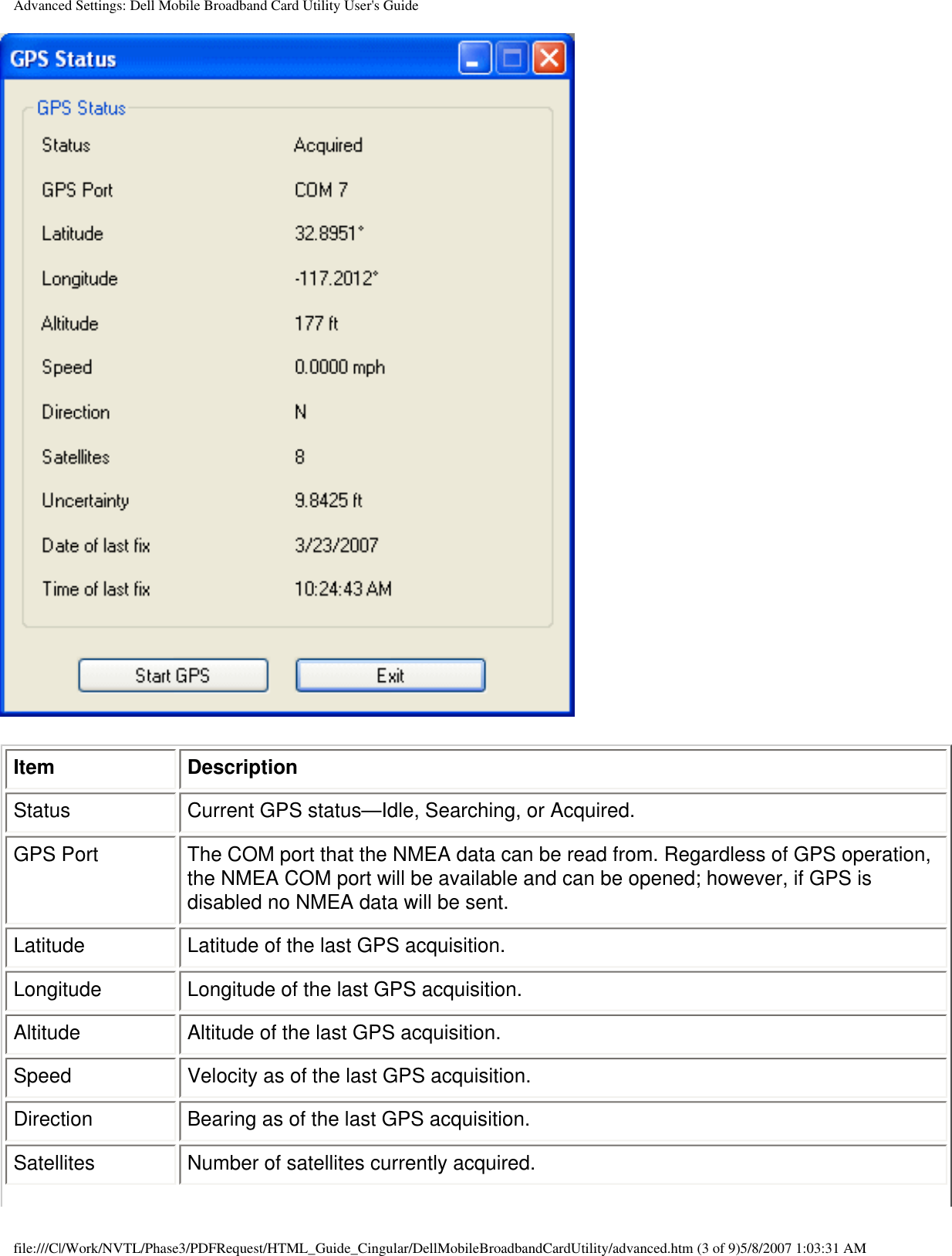 Advanced Settings: Dell Mobile Broadband Card Utility User&apos;s Guide Item DescriptionStatus Current GPS status—Idle, Searching, or Acquired.GPS Port The COM port that the NMEA data can be read from. Regardless of GPS operation, the NMEA COM port will be available and can be opened; however, if GPS is disabled no NMEA data will be sent.Latitude Latitude of the last GPS acquisition.Longitude Longitude of the last GPS acquisition.Altitude Altitude of the last GPS acquisition.Speed Velocity as of the last GPS acquisition.Direction Bearing as of the last GPS acquisition.Satellites Number of satellites currently acquired.file:///C|/Work/NVTL/Phase3/PDFRequest/HTML_Guide_Cingular/DellMobileBroadbandCardUtility/advanced.htm (3 of 9)5/8/2007 1:03:31 AM