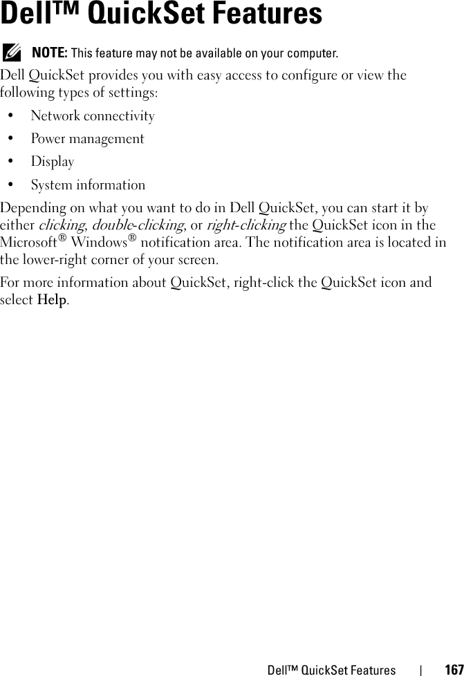 168 Dell™ QuickSet Features