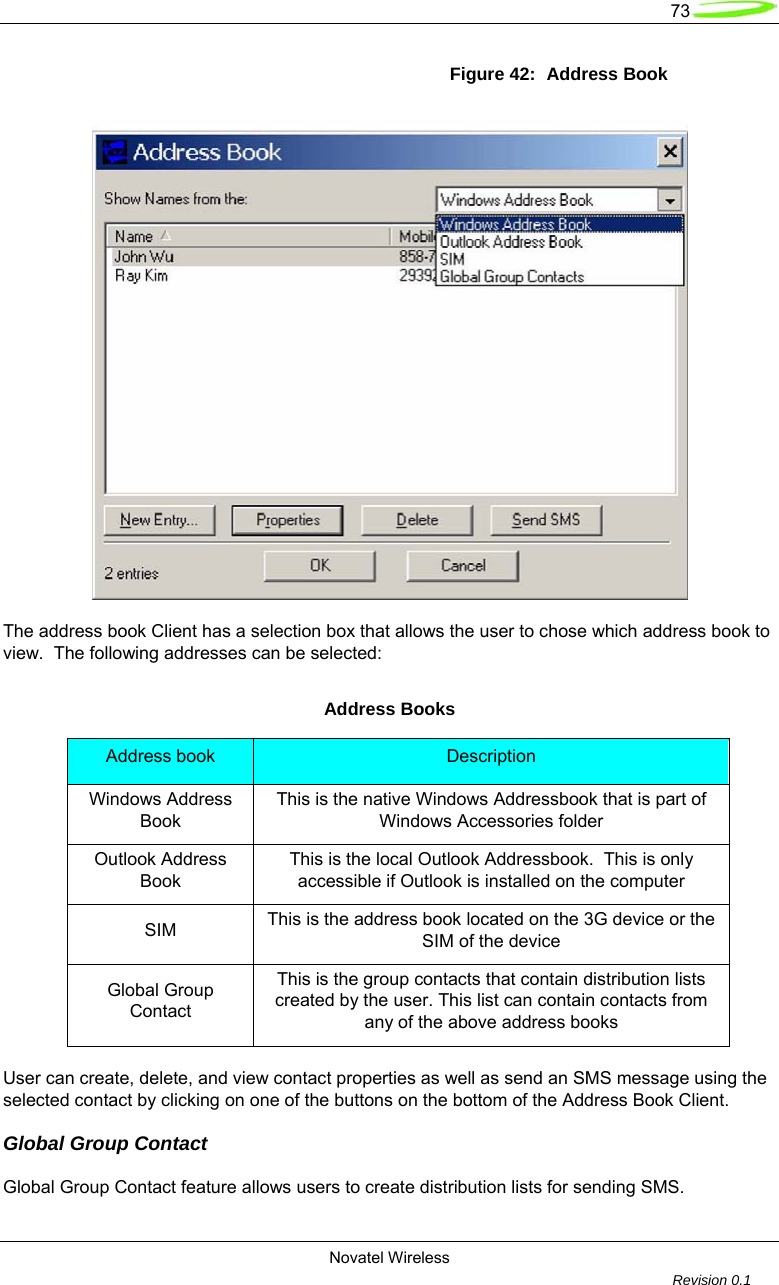   73  Novatel Wireless         Revision 0.1  Figure 42:  Address Book   The address book Client has a selection box that allows the user to chose which address book to view.  The following addresses can be selected:  Address Books Address book  Description Windows Address Book This is the native Windows Addressbook that is part of Windows Accessories folder Outlook Address Book This is the local Outlook Addressbook.  This is only accessible if Outlook is installed on the computer SIM  This is the address book located on the 3G device or the SIM of the device Global Group Contact This is the group contacts that contain distribution lists created by the user. This list can contain contacts from any of the above address books  User can create, delete, and view contact properties as well as send an SMS message using the selected contact by clicking on one of the buttons on the bottom of the Address Book Client.  Global Group Contact  Global Group Contact feature allows users to create distribution lists for sending SMS.  