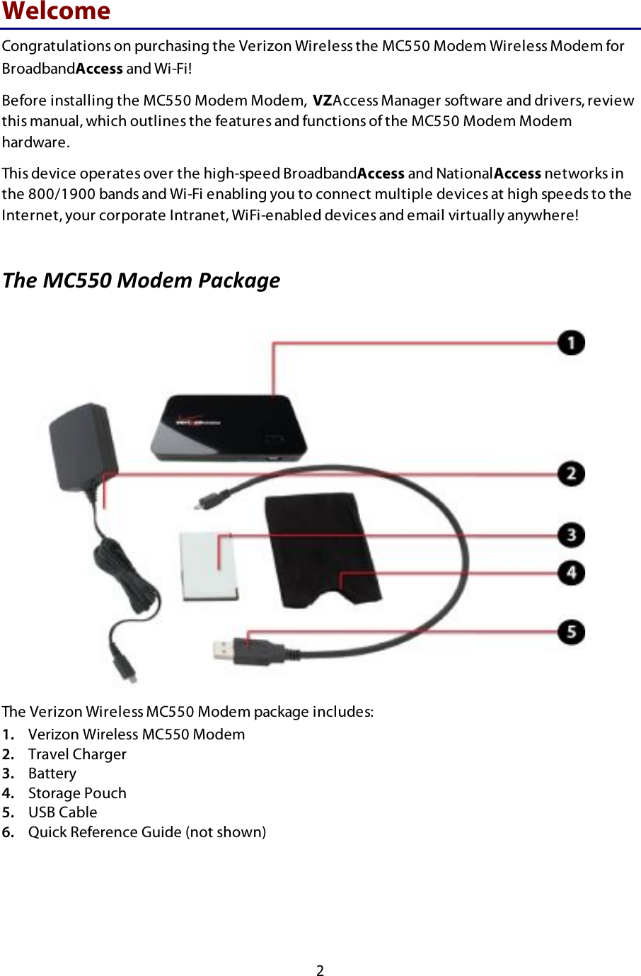  2 Welcome Congratulations on purchasing the Verizon Wireless the MC550 Modem Wireless Modem for BroadbandAccess and Wi-Fi! Before installing the MC550 Modem Modem,  VZAccess Manager software and drivers, review this manual, which outlines the features and functions of the MC550 Modem Modem hardware. This device operates over the high-speed BroadbandAccess and NationalAccess networks in the 800/1900 bands and Wi-Fi enabling you to connect multiple devices at high speeds to the Internet, your corporate Intranet, WiFi-enabled devices and email virtually anywhere!  !!&quot;#$%&amp;&apos;&apos;($%)*#+$,-./-0#$  The Verizon Wireless MC550 Modem package includes: 1. Verizon Wireless MC550 Modem  2. Travel Charger 3. Battery 4. Storage Pouch 5. USB Cable 6. Quick Reference Guide (not shown) !