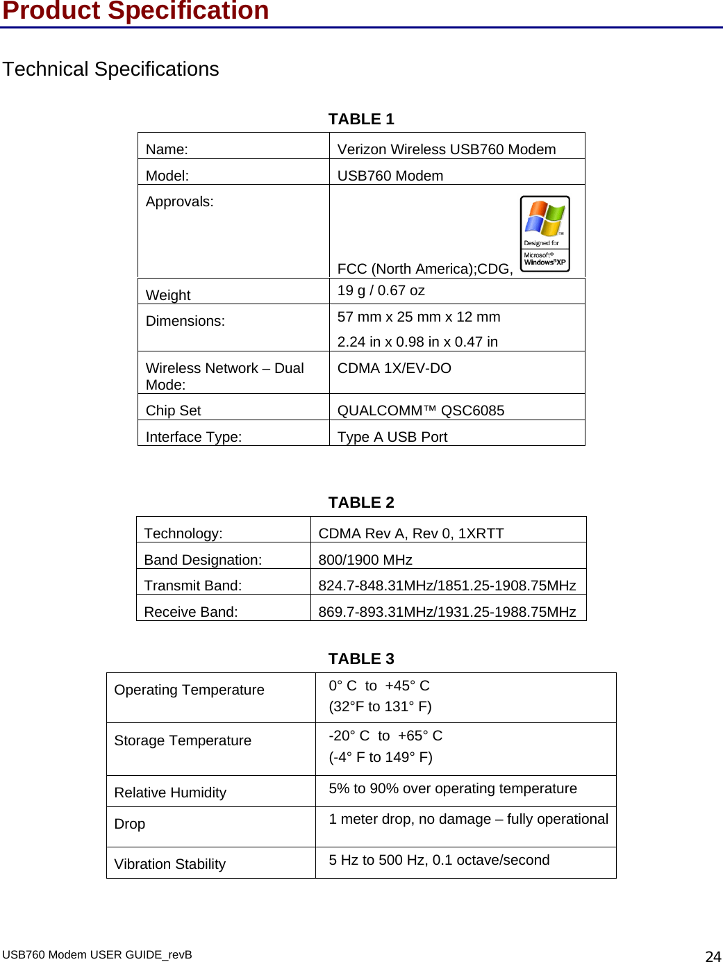 Product Specification Technical Specifications TABLE 1   Name:  Verizon Wireless USB760 Modem Model: USB760 Modem Approvals: FCC (North America);CDG,   19 g / 0.67 oz Weight Dimensions:  57 mm x 25 mm x 12 mm 2.24 in x 0.98 in x 0.47 in Wireless Network – Dual Mode:  CDMA 1X/EV-DO Chip Set  QUALCOMM™ QSC6085 Interface Type:  Type A USB Port TABLE 2 Technology:  CDMA Rev A, Rev 0, 1XRTT Band Designation:  800/1900 MHz Transmit Band:  824.7-848.31MHz/1851.25-1908.75MHz Receive Band:  869.7-893.31MHz/1931.25-1988.75MHz TABLE 3 Operating Temperature  0° C  to  +45° C  (32°F to 131° F) Storage Temperature  -20° C  to  +65° C (-4° F to 149° F) 5% to 90% over operating temperature Relative Humidity 1 meter drop, no damage – fully operational Drop 5 Hz to 500 Hz, 0.1 octave/second Vibration Stability USB760 Modem USER GUIDE_revB   24