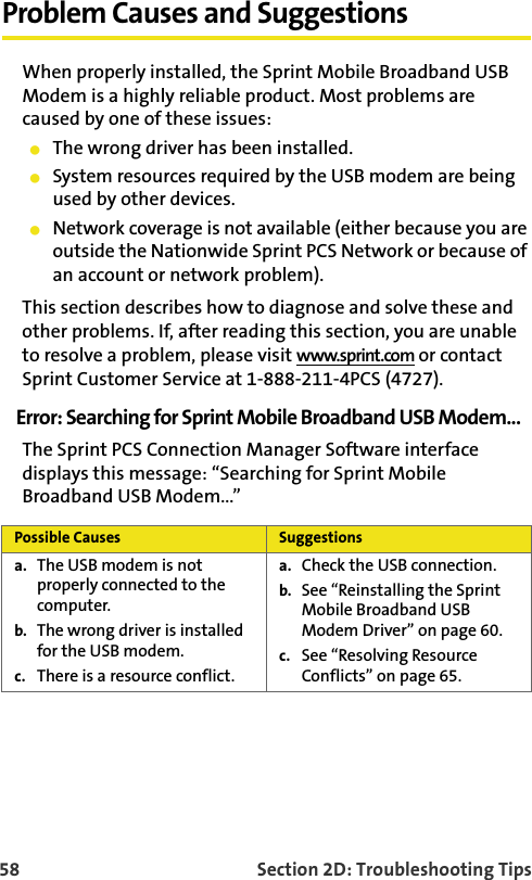 58 Section 2D: Troubleshooting TipsProblem Causes and SuggestionsWhen properly installed, the Sprint Mobile Broadband USB Modem is a highly reliable product. Most problems are caused by one of these issues:䢇The wrong driver has been installed.䢇System resources required by the USB modem are being used by other devices.䢇Network coverage is not available (either because you are outside the Nationwide Sprint PCS Network or because of an account or network problem).This section describes how to diagnose and solve these and other problems. If, after reading this section, you are unable to resolve a problem, please visit www.sprint.com or contact Sprint Customer Service at 1-888-211-4PCS (4727).Error: Searching for Sprint Mobile Broadband USB Modem...The Sprint PCS Connection Manager Software interface displays this message: “Searching for Sprint Mobile Broadband USB Modem...” Possible Causes Suggestionsa. The USB modem is not properly connected to the computer.b. The wrong driver is installed for the USB modem.c. There is a resource conflict.a. Check the USB connection.b. See “Reinstalling the Sprint Mobile Broadband USB Modem Driver” on page 60.c. See “Resolving Resource Conflicts” on page 65.