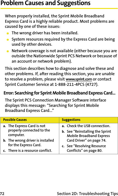 72 Section 2D: Troubleshooting TipsProblem Causes and SuggestionsWhen properly installed, the Sprint Mobile Broadband Express Card is a highly reliable product. Most problems are caused by one of these issues:The wrong driver has been installed.System resources required by the Express Card are being used by other devices.Network coverage is not available (either because you are outside the Nationwide Sprint PCS Network or because of an account or network problem).This section describes how to diagnose and solve these and other problems. If, after reading this section, you are unable to resolve a problem, please visit www.sprint.com or contact Sprint Customer Service at 1-888-211-4PCS (4727).Error: Searching for Sprint Mobile Broadband Express Card...The Sprint PCS Connection Manager Software interface displays this message: “Searching for Sprint Mobile Broadband Express Card...” Possible Causes Suggestionsa. The Express Card is not properly connected to the computer.b. The wrong driver is installed for the Express Card.c. There is a resource conflict.a. Check the USB connection.b. See “Reinstalling the Sprint Mobile Broadband Express Card Driver” on page 74.c. See “Resolving Resource Conflicts” on page 80.