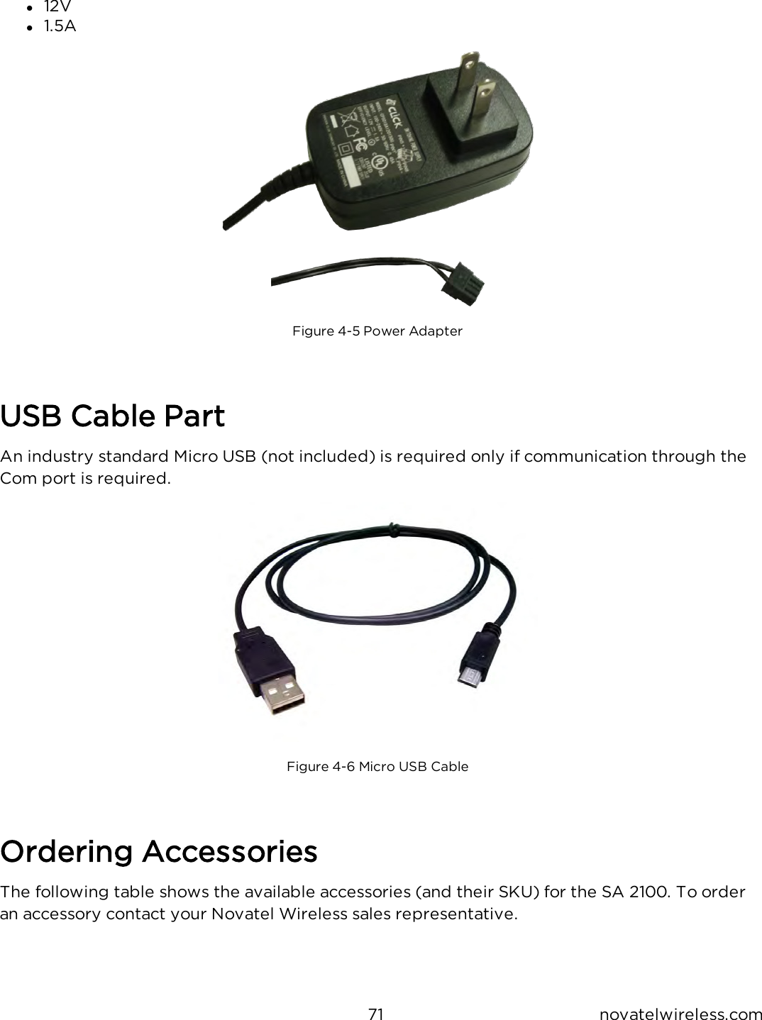 71 novatelwireless.coml12Vl1.5AFigure 4-5 Power AdapterUSB Cable PartAn industry standard Micro USB (not included) is required only if communication through theCom port is required.Figure 4-6 Micro USBCableOrdering AccessoriesThe following table shows the available accessories (and their SKU) for the SA 2100. To orderan accessory contact your Novatel Wireless sales representative.