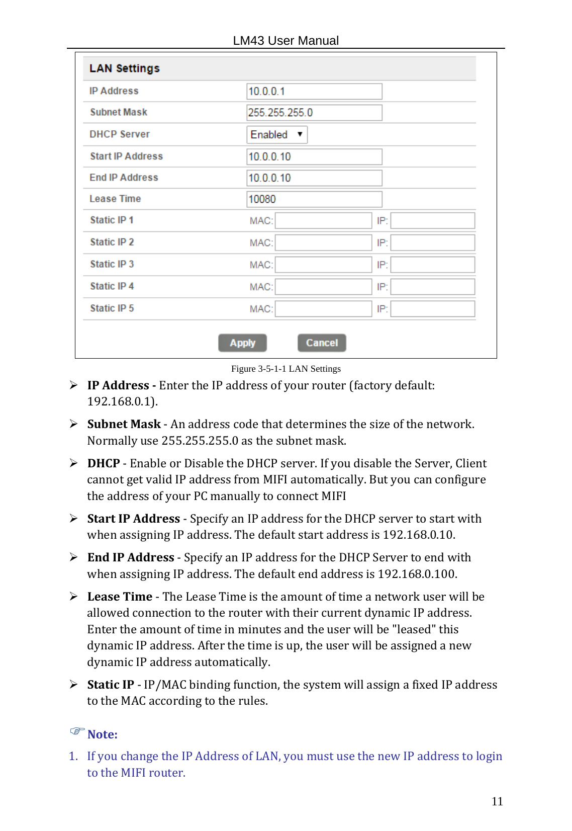                                                   LM43 User Manual  11 Figure 3-5-1-1 LAN Settings  IPAddress‐EntertheIPaddressofyourrouter(factorydefault:192.168.0.1).  SubnetMask‐Anaddresscodethatdeterminesthesizeofthenetwork.Normallyuse255.255.255.0asthesubnetmask. DHCP‐EnableorDisabletheDHCPserver.IfyoudisabletheServer,ClientcannotgetvalidIPaddressfromMIFIautomatically.ButyoucanconfiguretheaddressofyourPCmanuallytoconnectMIFI StartIPAddress‐SpecifyanIPaddressfortheDHCPservertostartwithwhenassigningIPaddress.Thedefaultstartaddressis192.168.0.10. EndIPAddress‐SpecifyanIPaddressfortheDHCPServertoendwithwhenassigningIPaddress.Thedefaultendaddressis192.168.0.100.  LeaseTime‐TheLeaseTimeistheamountoftimeanetworkuserwillbeallowedconnectiontotherouterwiththeircurrentdynamicIPaddress.Entertheamountoftimeinminutesandtheuserwillbe&quot;leased&quot;thisdynamicIPaddress.Afterthetimeisup,theuserwillbeassignedanewdynamicIPaddressautomatically. StaticIP‐IP/MACbindingfunction,thesystemwillassignafixedIPaddresstotheMACaccordingtotherules. Note:1. IfyouchangetheIPAddressofLAN,youmustusethenewIPaddresstologintotheMIFIrouter. 