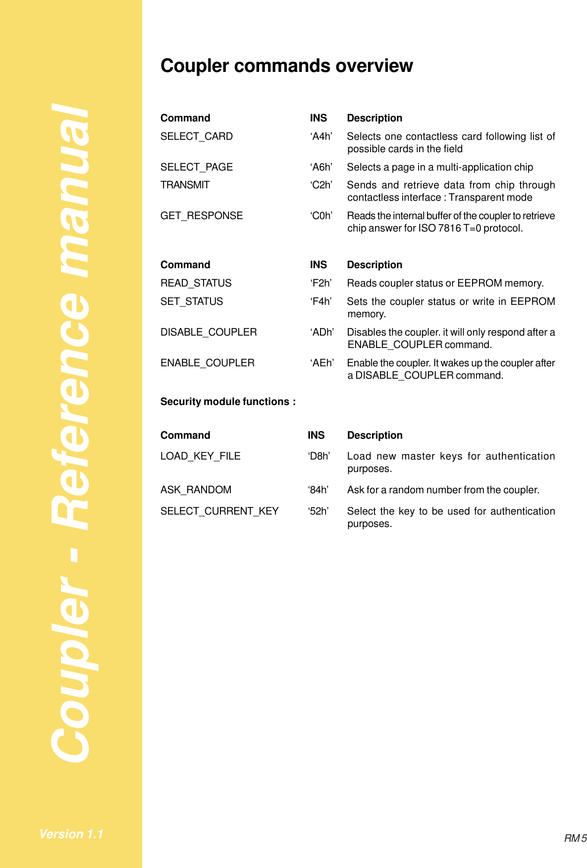 Coupler - Reference manualRM 5Version 1.1Coupler commands overviewCommand INS DescriptionSELECT_CARD ‘A4h’ Selects one contactless card following list ofpossible cards in the fieldSELECT_PAGE ‘A6h’ Selects a page in a multi-application chipTRANSMIT ‘C2h’ Sends and retrieve data from chip throughcontactless interface : Transparent modeGET_RESPONSE ‘C0h’ Reads the internal buffer of the coupler to retrievechip answer for ISO 7816 T=0 protocol.Command INS DescriptionREAD_STATUS ‘F2h’ Reads coupler status or EEPROM memory.SET_STATUS ‘F4h’ Sets the coupler status or write in EEPROMmemory.DISABLE_COUPLER ‘ADh’ Disables the coupler. it will only respond after aENABLE_COUPLER command.ENABLE_COUPLER ‘AEh’ Enable the coupler. It wakes up the coupler aftera DISABLE_COUPLER command.Security module functions :Command INS DescriptionLOAD_KEY_FILE ‘D8h’ Load new master keys for authenticationpurposes.ASK_RANDOM ‘84h’ Ask for a random number from the coupler.SELECT_CURRENT_KEY ‘52h’ Select the key to be used for authenticationpurposes.