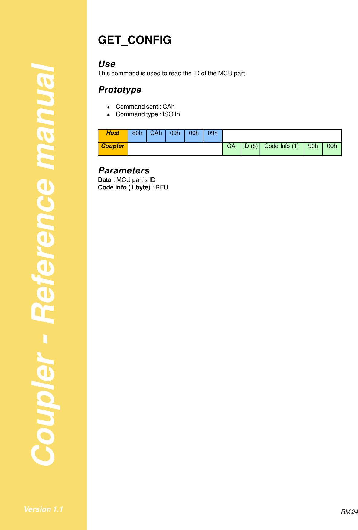 Coupler - Reference manualRM 24Version 1.1GET_CONFIGUseThis command is used to read the ID of the MCU part.Prototype&quot;Command sent : CAh&quot;Command type : ISO InHost 80h CAh 00h 00h 09hCoupler CA ID (8) Code Info (1) 90h 00hParametersData : MCU part’s IDCode Info (1 byte) : RFU