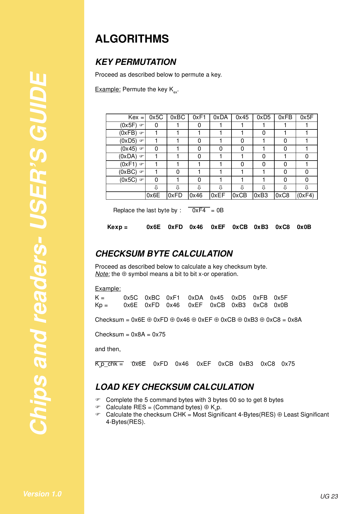 Chips and readers- USER’S GUIDEUG 23Version 1.0ALGORITHMSKEY PERMUTATIONProceed as described below to permute a key.Example: Permute the key Kex.Kex = 0x5C 0xBC 0xF1 0xDA 0x45 0xD5 0xFB 0x5F(0x5F) !01011111(0xFB) !11111011(0xD5) !11010101(0x45) !01000101(0xDA) !11011010(0xF1) !11110001(0xBC) !10111100(0x5C) !01011100&amp;&amp;&amp;&amp;&amp;&amp;&amp;&amp;0x6E 0xFD 0x46 0xEF 0xCB 0xB3 0xC8 (0xF4)0xF4 = 0BKexp = 0x6E 0xFD 0x46 0xEF 0xCB 0xB3 0xC8 0x0BReplace the last byte by : CHECKSUM BYTE CALCULATIONProceed as described below to calculate a key checksum byte.Note: the ⊕ symbol means a bit to bit x-or operation.Example:K = 0x5C 0xBC 0xF1 0xDA 0x45 0xD5 0xFB 0x5FKp = 0x6E 0xFD 0x46 0xEF 0xCB 0xB3 0xC8 0x0BChecksum = 0x6E ⊕ 0xFD ⊕ 0x46 ⊕ 0xEF ⊕ 0xCB ⊕ 0xB3 ⊕ 0xC8 = 0x8AChecksum = 0x8A = 0x75and then,Kxp_chk = 0x6E 0xFD 0x46 0xEF 0xCB 0xB3 0xC8 0x75LOAD KEY CHECKSUM CALCULATION!Complete the 5 command bytes with 3 bytes 00 so to get 8 bytes!Calculate RES = (Command bytes) ⊕ Kxp.!Calculate the checksum CHK = Most Significant 4-Bytes(RES) ⊕ Least Significant4-Bytes(RES).