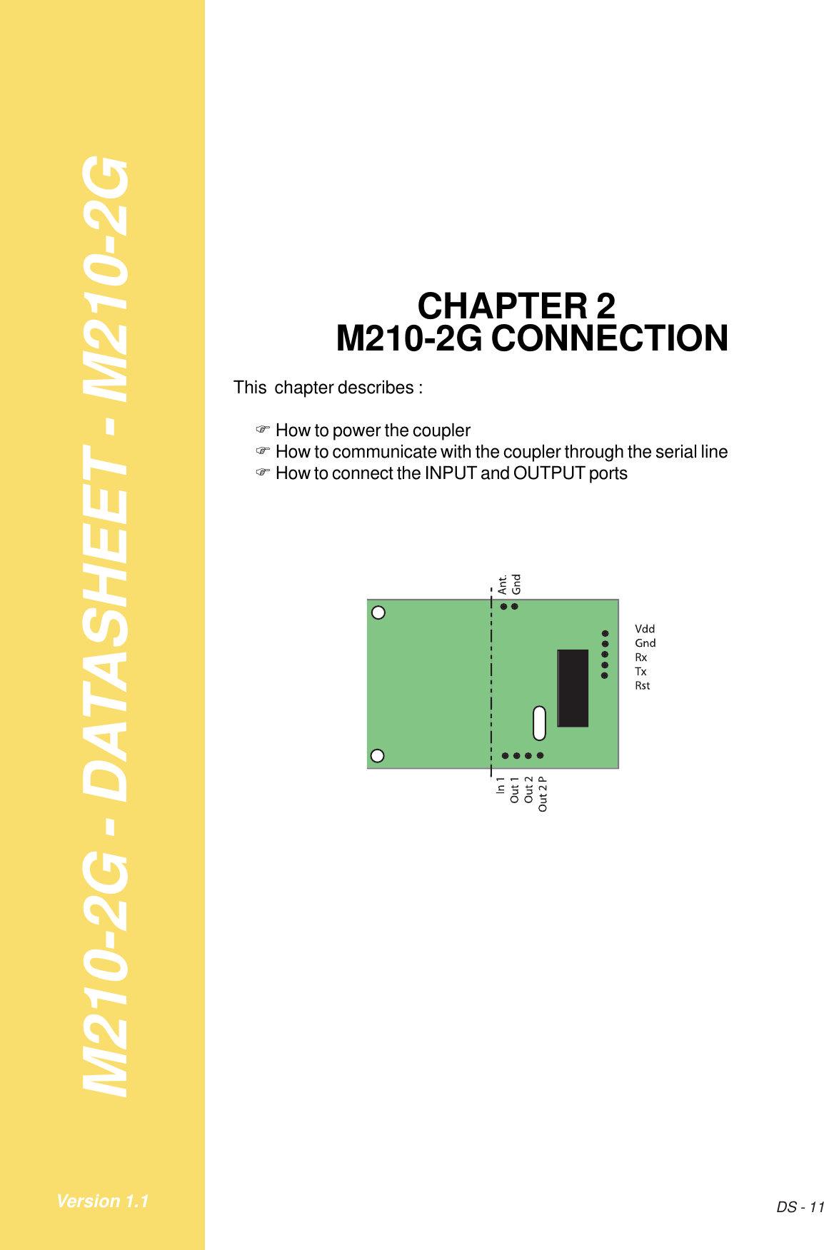 M210-2G - DATASHEET - M210-2GDS - 11Version 1.1CHAPTER 2M210-2G CONNECTIONThis  chapter describes :!How to power the coupler!How to communicate with the coupler through the serial line!How to connect the INPUT and OUTPUT ports