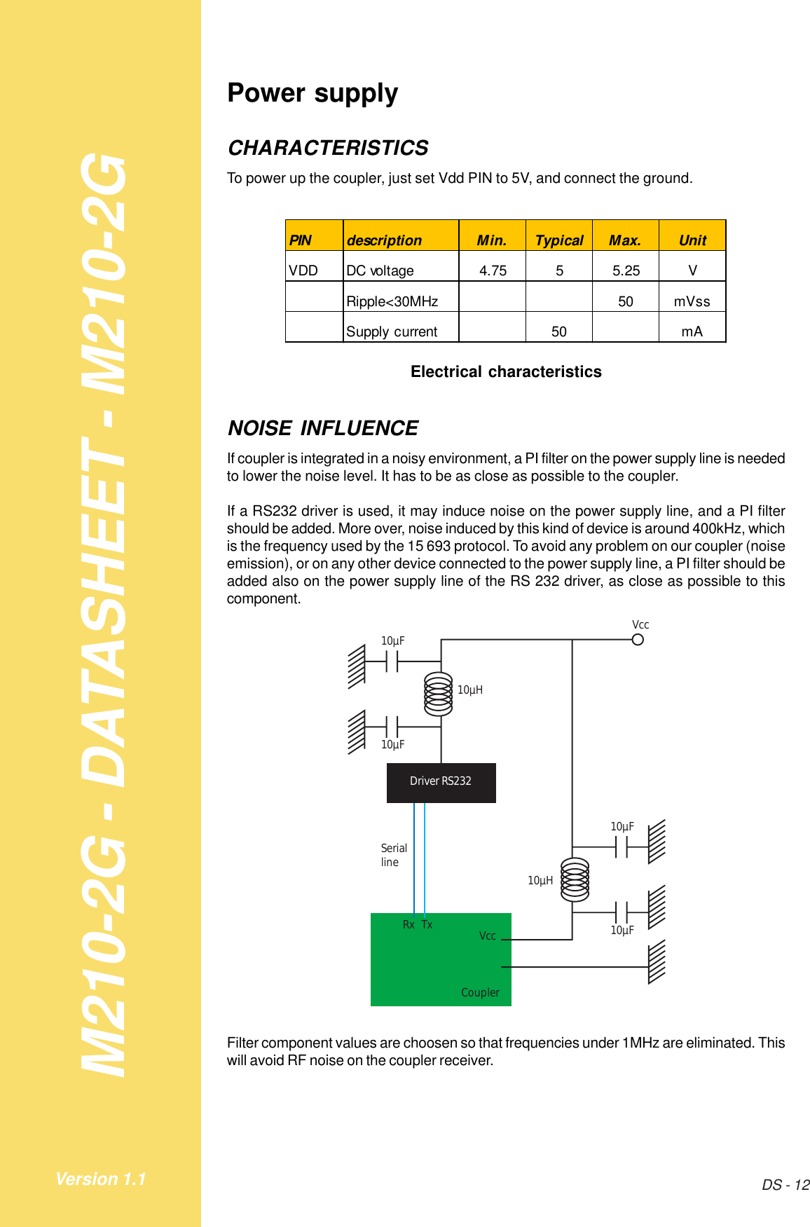 M210-2G - DATASHEET - M210-2GDS - 12Version 1.1Power supplyCHARACTERISTICSTo power up the coupler, just set Vdd PIN to 5V, and connect the ground.PIN description Min. Typical Max. UnitVDD DC voltage 4.75 5 5.25 VRipple&lt;30MHz 50 mVssSupply current 50 mAElectrical characteristicsNOISE INFLUENCEIf coupler is integrated in a noisy environment, a PI filter on the power supply line is neededto lower the noise level. It has to be as close as possible to the coupler.If a RS232 driver is used, it may induce noise on the power supply line, and a PI filtershould be added. More over, noise induced by this kind of device is around 400kHz, whichis the frequency used by the 15 693 protocol. To avoid any problem on our coupler (noiseemission), or on any other device connected to the power supply line, a PI filter should beadded also on the power supply line of the RS 232 driver, as close as possible to thiscomponent.Driver RS232CouplerSeriallineRx   TxVccVcc 10µF10µH10µF10µF10µF10µHFilter component values are choosen so that frequencies under 1MHz are eliminated. Thiswill avoid RF noise on the coupler receiver.