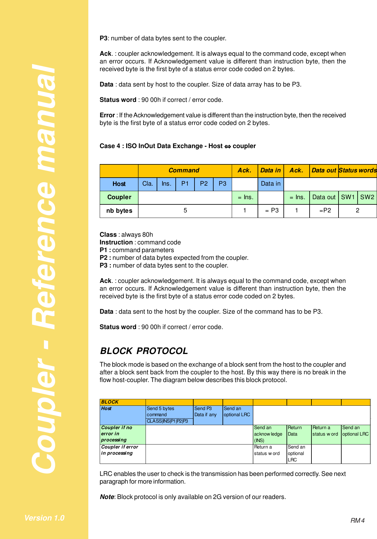 Coupler - Reference manualRM 4Version 1.0P3: number of data bytes sent to the coupler.Ack. : coupler acknowledgement. It is always equal to the command code, except whenan error occurs. If Acknowledgement value is different than instruction byte, then thereceived byte is the first byte of a status error code coded on 2 bytes.Data : data sent by host to the coupler. Size of data array has to be P3.Status word : 90 00h if correct / error code.Error : If the Acknowledgement value is different than the instruction byte, then the receivedbyte is the first byte of a status error code coded on 2 bytes.Case 4 : ISO InOut Data Exchange - Host ⇔⇔⇔⇔⇔ couplerAck. Data in Ack. Data outHost Cla. Ins. P1 P2 P3 Data inCoupler  = Ins.  = Ins. Data out SW1 SW2nb bytes 1  = P3 1  =P252Command Status wordsClass : always 80hInstruction : command codeP1 : command parametersP2 : number of data bytes expected from the coupler.P3 : number of data bytes sent to the coupler.Ack. : coupler acknowledgement. It is always equal to the command code, except whenan error occurs. If Acknowledgement value is different than instruction byte, then thereceived byte is the first byte of a status error code coded on 2 bytes.Data : data sent to the host by the coupler. Size of the command has to be P3.Status word : 90 00h if correct / error code.BLOCK PROTOCOLThe block mode is based on the exchange of a block sent from the host to the coupler andafter a block sent back from the coupler to the host. By this way there is no break in theflow host-coupler. The diagram below describes this block protocol.BLOCKSend 5 bytes commandCLA SS|INS|P1|P2|P3Coupler if no error in processingSend an acknow ledge (INS)Return Data Return a status wordSend an optional LRCCoupler if error in processing Return a status w ordSend an optional LRCHost Send P3 Data if anySend an optional LRCLRC enables the user to check is the transmission has been performed correctly. See nextparagraph for more information.Note: Block protocol is only available on 2G version of our readers.