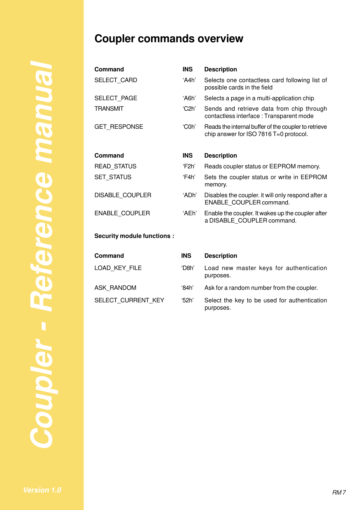 Coupler - Reference manualRM 7Version 1.0Coupler commands overviewCommand INS DescriptionSELECT_CARD ‘A4h’ Selects one contactless card following list ofpossible cards in the fieldSELECT_PAGE ‘A6h’ Selects a page in a multi-application chipTRANSMIT ‘C2h’ Sends and retrieve data from chip throughcontactless interface : Transparent modeGET_RESPONSE ‘C0h’ Reads the internal buffer of the coupler to retrievechip answer for ISO 7816 T=0 protocol.Command INS DescriptionREAD_STATUS ‘F2h’ Reads coupler status or EEPROM memory.SET_STATUS ‘F4h’ Sets the coupler status or write in EEPROMmemory.DISABLE_COUPLER ‘ADh’ Disables the coupler. it will only respond after aENABLE_COUPLER command.ENABLE_COUPLER ‘AEh’ Enable the coupler. It wakes up the coupler aftera DISABLE_COUPLER command.Security module functions :Command INS DescriptionLOAD_KEY_FILE ‘D8h’ Load new master keys for authenticationpurposes.ASK_RANDOM ‘84h’ Ask for a random number from the coupler.SELECT_CURRENT_KEY ‘52h’ Select the key to be used for authenticationpurposes.