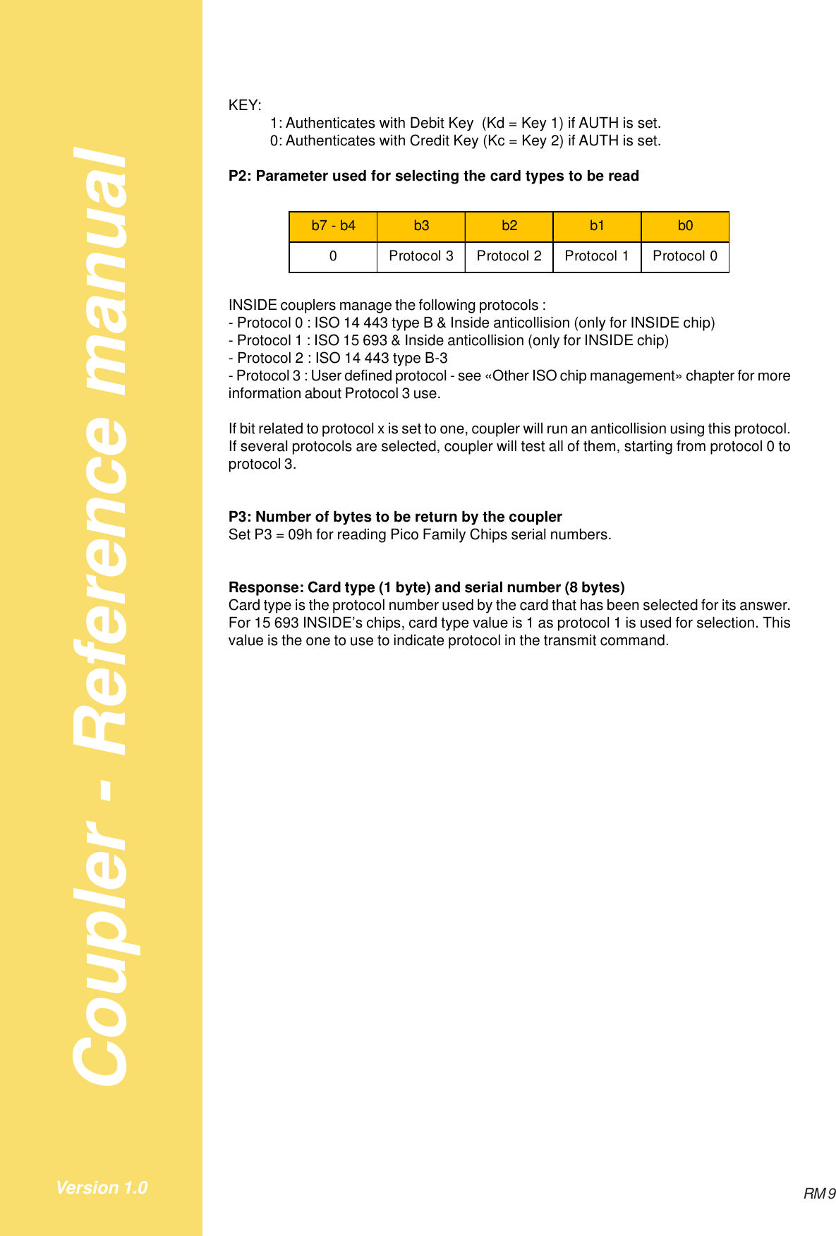 Coupler - Reference manualRM 9Version 1.0KEY: 1: Authenticates with Debit Key  (Kd = Key 1) if AUTH is set.0: Authenticates with Credit Key (Kc = Key 2) if AUTH is set.P2: Parameter used for selecting the card types to be readb7 - b4 b3 b2 b1 b00 Protocol 3 Protocol 2 Protocol 1 Protocol 0INSIDE couplers manage the following protocols :- Protocol 0 : ISO 14 443 type B &amp; Inside anticollision (only for INSIDE chip)- Protocol 1 : ISO 15 693 &amp; Inside anticollision (only for INSIDE chip)- Protocol 2 : ISO 14 443 type B-3- Protocol 3 : User defined protocol - see «Other ISO chip management» chapter for moreinformation about Protocol 3 use.If bit related to protocol x is set to one, coupler will run an anticollision using this protocol.If several protocols are selected, coupler will test all of them, starting from protocol 0 toprotocol 3.P3: Number of bytes to be return by the couplerSet P3 = 09h for reading Pico Family Chips serial numbers.Response: Card type (1 byte) and serial number (8 bytes)Card type is the protocol number used by the card that has been selected for its answer.For 15 693 INSIDE’s chips, card type value is 1 as protocol 1 is used for selection. Thisvalue is the one to use to indicate protocol in the transmit command.