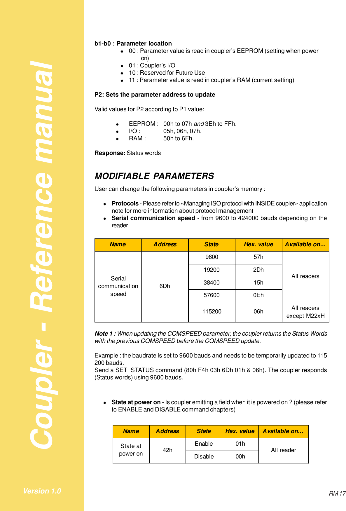 Coupler - Reference manualRM 17Version 1.0b1-b0 : Parameter location&quot;00 : Parameter value is read in coupler’s EEPROM (setting when poweron)&quot;01 : Coupler’s I/O&quot;10 : Reserved for Future Use&quot;11 : Parameter value is read in coupler’s RAM (current setting)P2: Sets the parameter address to updateValid values for P2 according to P1 value:&quot;EEPROM : 00h to 07h and 3Eh to FFh.&quot;I/O : 05h, 06h, 07h.&quot;RAM : 50h to 6Fh.Response: Status wordsMODIFIABLE PARAMETERSUser can change the following parameters in coupler’s memory :&quot;Protocols - Please refer to «Managing ISO protocol with INSIDE coupler» applicationnote for more information about protocol management&quot;Serial communication speed - from 9600 to 424000 bauds depending on thereaderName Address State Hex. value Available on...9600 57h19200 2Dh38400 15h57600 0Eh115200 06h All readers except M22xHSerial communication speed6DhAll readersNote 1 : When updating the COMSPEED parameter, the coupler returns the Status Wordswith the previous COMSPEED before the COMSPEED update.Example : the baudrate is set to 9600 bauds and needs to be temporarily updated to 115200 bauds.Send a SET_STATUS command (80h F4h 03h 6Dh 01h &amp; 06h). The coupler responds(Status words) using 9600 bauds.&quot;State at power on - Is coupler emitting a field when it is powered on ? (please referto ENABLE and DISABLE command chapters)Name Address State Hex. value Available on...Enable 01hDisable 00h All reader42hState at power on