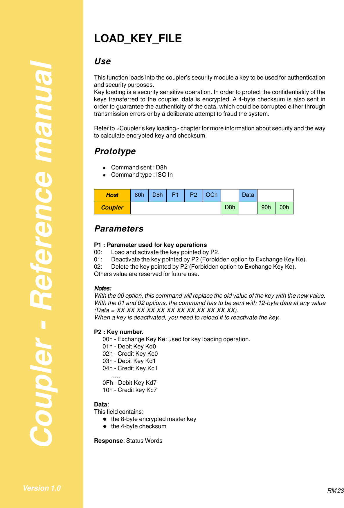 Coupler - Reference manualRM 23Version 1.0LOAD_KEY_FILEUseThis function loads into the coupler’s security module a key to be used for authenticationand security purposes.Key loading is a security sensitive operation. In order to protect the confidentiality of thekeys transferred to the coupler, data is encrypted. A 4-byte checksum is also sent inorder to guarantee the authenticity of the data, which could be corrupted either throughtransmission errors or by a deliberate attempt to fraud the system.Refer to «Coupler’s key loading» chapter for more information about security and the wayto calculate encrypted key and checksum.Prototype&quot;Command sent : D8h&quot;Command type : ISO InHost 80h D8h P1 P2 OCh DataCoupler D8h 90h 00hParametersP1 : Parameter used for key operations00: Load and activate the key pointed by P2.01: Deactivate the key pointed by P2 (Forbidden option to Exchange Key Ke).02: Delete the key pointed by P2 (Forbidden option to Exchange Key Ke).Others value are reserved for future use.Notes:With the 00 option, this command will replace the old value of the key with the new value.With the 01 and 02 options, the command has to be sent with 12-byte data at any value(Data = XX XX XX XX XX XX XX XX XX XX XX XX).When a key is deactivated, you need to reload it to reactivate the key.P2 : Key number.00h - Exchange Key Ke: used for key loading operation.01h - Debit Key Kd002h - Credit Key Kc003h - Debit Key Kd104h - Credit Key Kc1.....0Fh - Debit Key Kd710h - Credit key Kc7Data:This field contains:&quot;the 8-byte encrypted master key&quot;the 4-byte checksumResponse: Status Words