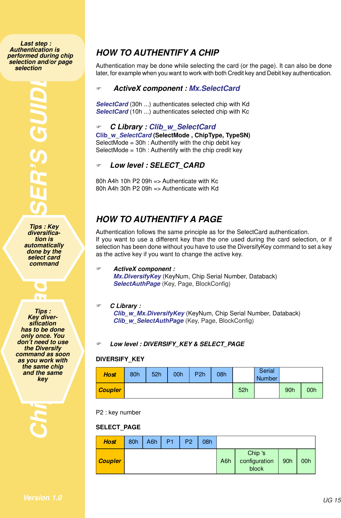 Chips and readers- USER’S GUIDEUG 15Version 1.0HOW TO AUTHENTIFY A CHIPAuthentication may be done while selecting the card (or the page). It can also be donelater, for example when you want to work with both Credit key and Debit key authentication.!ActiveX component : Mx.SelectCardSelectCard (30h ...) authenticates selected chip with KdSelectCard (10h ...) authenticates selected chip with Kc!C Library : Clib_w_SelectCardClib_w_SelectCard (SelectMode , ChipType, TypeSN)SelectMode = 30h : Authentify with the chip debit keySelectMode = 10h : Authentify with the chip credit key!Low level : SELECT_CARD80h A4h 10h P2 09h =&gt; Authenticate with Kc80h A4h 30h P2 09h =&gt; Authenticate with KdHOW TO AUTHENTIFY A PAGEAuthentication follows the same principle as for the SelectCard authentication.If you want to use a different key than the one used during the card selection, or ifselection has been done without you have to use the DiversifyKey command to set a keyas the active key if you want to change the active key.!ActiveX component :Mx.DiversifyKey (KeyNum, Chip Serial Number, Databack)SelectAuthPage (Key, Page, BlockConfig)!C Library :Clib_w_Mx.DiversifyKey (KeyNum, Chip Serial Number, Databack)Clib_w_SelectAuthPage (Key, Page, BlockConfig)!Low level : DIVERSIFY_KEY &amp; SELECT_PAGEDIVERSIFY_KEYHost 80h 52h 00h P2h 08h Serial NumberCoupler 52h 90h 00hP2 : key numberSELECT_PAGEHost 80h A6h P1 P2 08hCoupler A6hChip &apos;s configuration block90h 00hLast step :Authentication isperformed during chipselection and/or pageselectionTips : Keydiversifica-tion isautomaticallydone by theselect cardcommandTips :Key diver-sificationhas to be doneonly once. Youdon’t need to usethe Diversifycommand as soonas you work withthe same chipand the samekey
