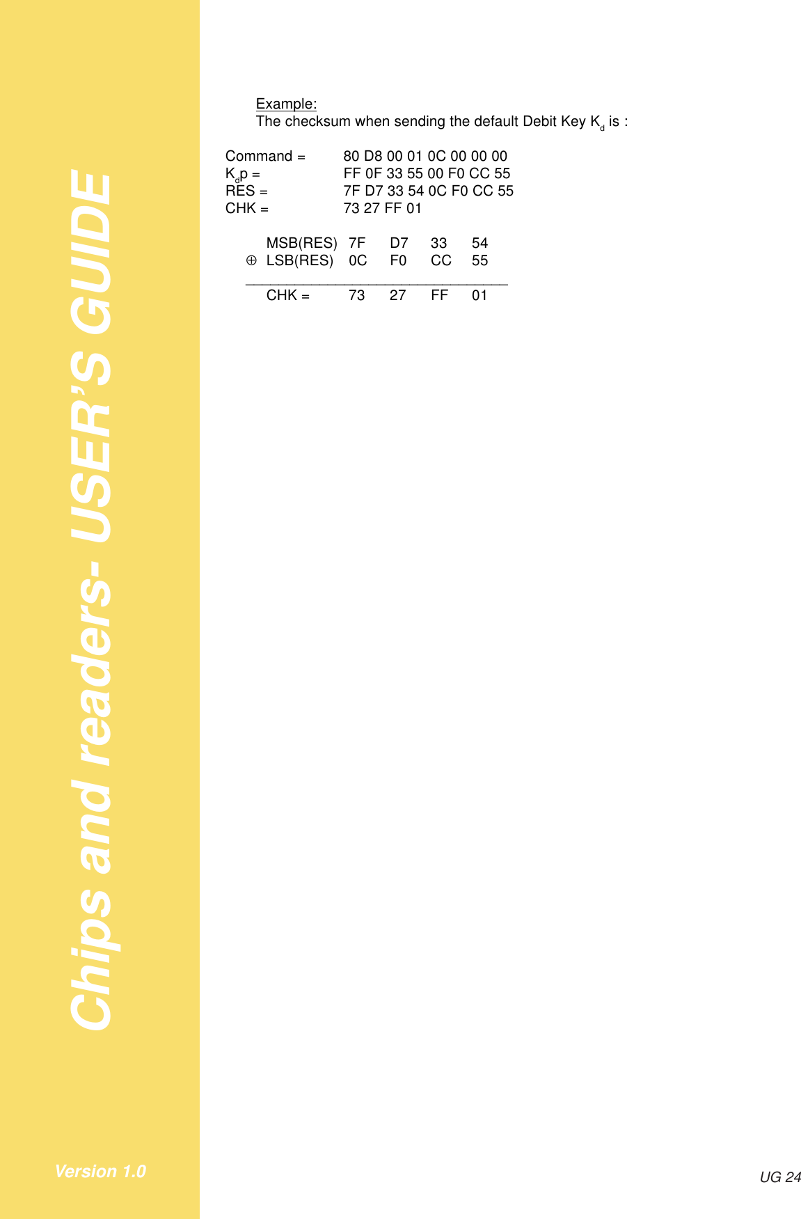 Chips and readers- USER’S GUIDEUG 24Version 1.0Example:The checksum when sending the default Debit Key Kd is :Command = 80 D8 00 01 0C 00 00 00Kdp = FF 0F 33 55 00 F0 CC 55RES = 7F D7 33 54 0C F0 CC 55CHK = 73 27 FF 01MSB(RES) 7F D7 33 54⊕LSB(RES) 0C F0 CC 55________________________________CHK = 73 27 FF 01