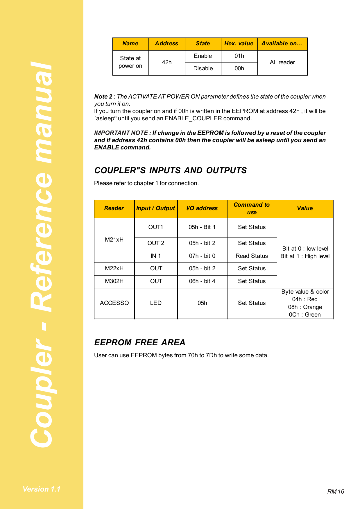 Coupler - Reference manualRM 16Version 1.1Name Address State Hex. value Available on...Enable 01hDisable 00hAll reader42hState at power onNote 2 : The ACTIVATE AT POWER ON parameter defines the state of the coupler whenyou turn it on.If you turn the coupler on and if 00h is written in the EEPROM at address 42h , it will be´asleepª until you send an ENABLE_COUPLER command.IMPORTANT NOTE : If change in the EEPROM is followed by a reset of the couplerand if address 42h contains 00h then the coupler will be asleep until you send anENABLE command.COUPLER&quot;S INPUTS AND OUTPUTSPlease refer to chapter 1 for connection.Reader Input / Output I/O address Command to use ValueOUT1 05h - Bit 1 Set StatusOUT 2 05h - bit 2 Set StatusIN 1 07h - bit 0 Read StatusM22xH OUT 05h - bit 2 Set StatusM302H OUT 06h - bit 4 Set StatusByte value &amp; color04h : Red08h : Orange0Ch : GreenBit at 0 : low levelBit at 1 : High levelM21xHSet Status05hLEDACCESSOEEPROM FREE AREAUser can use EEPROM bytes from 70h to 7Dh to write some data.
