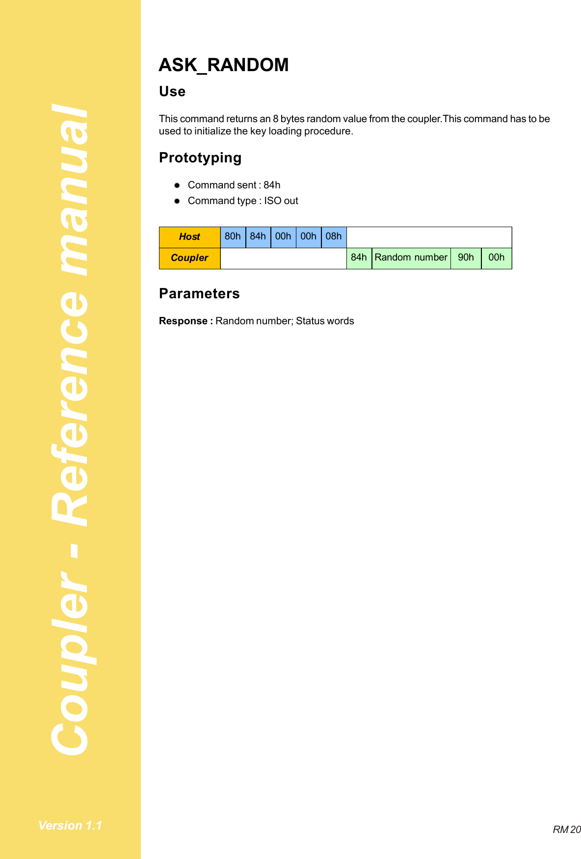 Coupler - Reference manualRM 20Version 1.1ASK_RANDOMUseThis command returns an 8 bytes random value from the coupler.This command has to beused to initialize the key loading procedure.Prototyping#Command sent : 84h#Command type : ISO outHost 80h 84h 00h 00h 08hCoupler 84h Random number 90h 00hParametersResponse : Random number; Status words