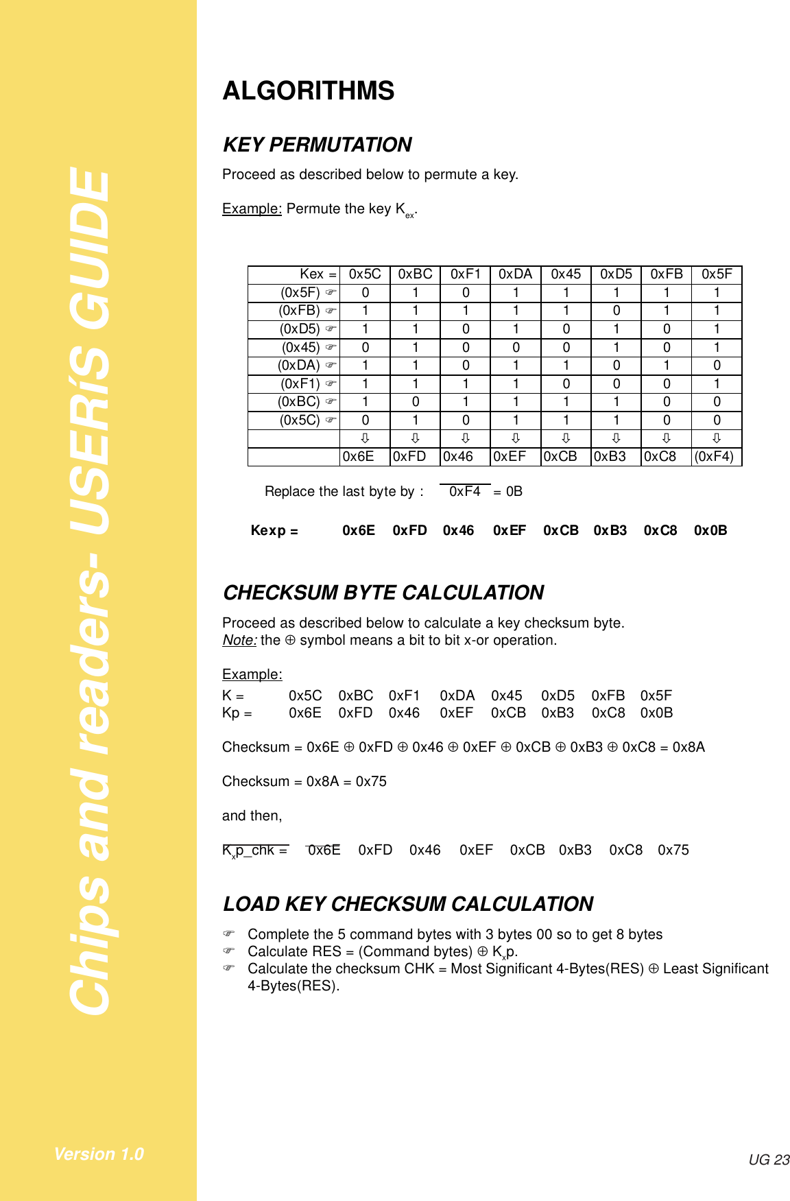 Chips and readers- USERíS GUIDEUG 23Version 1.0ALGORITHMSKEY PERMUTATIONProceed as described below to permute a key.Example: Permute the key Kex.Kex = 0x5C 0xBC 0xF1 0xDA 0x45 0xD5 0xFB 0x5F(0x5F) !01011111(0xFB) !11111011(0xD5) !11010101(0x45) !01000101(0xDA) !11011010(0xF1) !11110001(0xBC) !10111100(0x5C) !01011100$$$$$$$$0x6E 0xFD 0x46 0xEF 0xCB 0xB3 0xC8 (0xF4)0xF4 = 0BKexp = 0x6E 0xFD 0x46 0xEF 0xCB 0xB3 0xC8 0x0BReplace the last byte by : CHECKSUM BYTE CALCULATIONProceed as described below to calculate a key checksum byte.Note: the ⊕ symbol means a bit to bit x-or operation.Example:K = 0x5C 0xBC 0xF1 0xDA 0x45 0xD5 0xFB 0x5FKp = 0x6E 0xFD 0x46 0xEF 0xCB 0xB3 0xC8 0x0BChecksum = 0x6E ⊕ 0xFD ⊕ 0x46 ⊕ 0xEF ⊕ 0xCB ⊕ 0xB3 ⊕ 0xC8 = 0x8AChecksum = 0x8A = 0x75and then,Kxp_chk = 0x6E 0xFD 0x46 0xEF 0xCB 0xB3 0xC8 0x75LOAD KEY CHECKSUM CALCULATION!Complete the 5 command bytes with 3 bytes 00 so to get 8 bytes!Calculate RES = (Command bytes) ⊕ Kxp.!Calculate the checksum CHK = Most Significant 4-Bytes(RES) ⊕ Least Significant4-Bytes(RES).