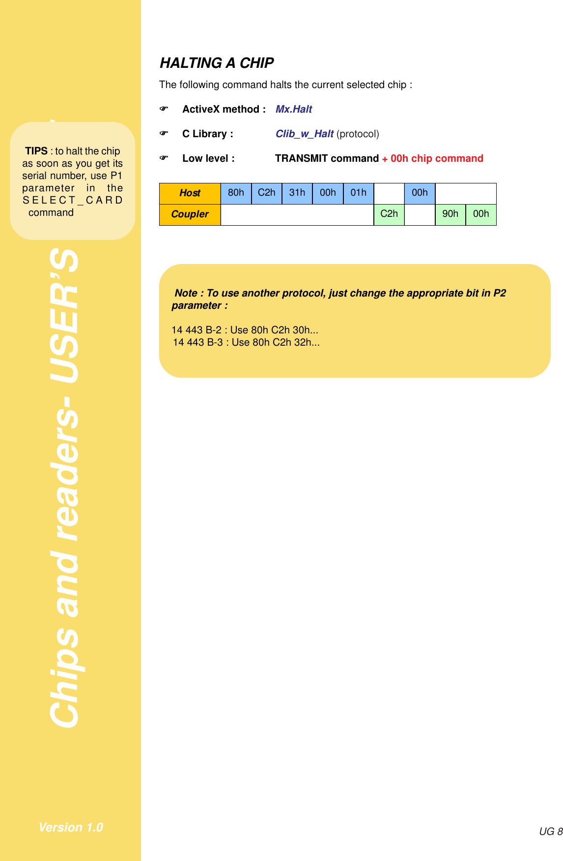 Chips and readers- USER’S GUIDEUG 8Version 1.0HALTING A CHIPThe following command halts the current selected chip :!!!!!ActiveX method : Mx.Halt!!!!!C Library : Clib_w_Halt (protocol)!!!!!Low level : TRANSMIT command + 00h chip commandHost 80h C2h 31h 00h 01h 00hCoupler C2h 90h 00hTIPS : to halt the chipas soon as you get itsserial number, use P1parameter in theSELECT_CARDcommandNote : To use another protocol, just change the appropriate bit in P2parameter :14 443 B-2 : Use 80h C2h 30h...14 443 B-3 : Use 80h C2h 32h...