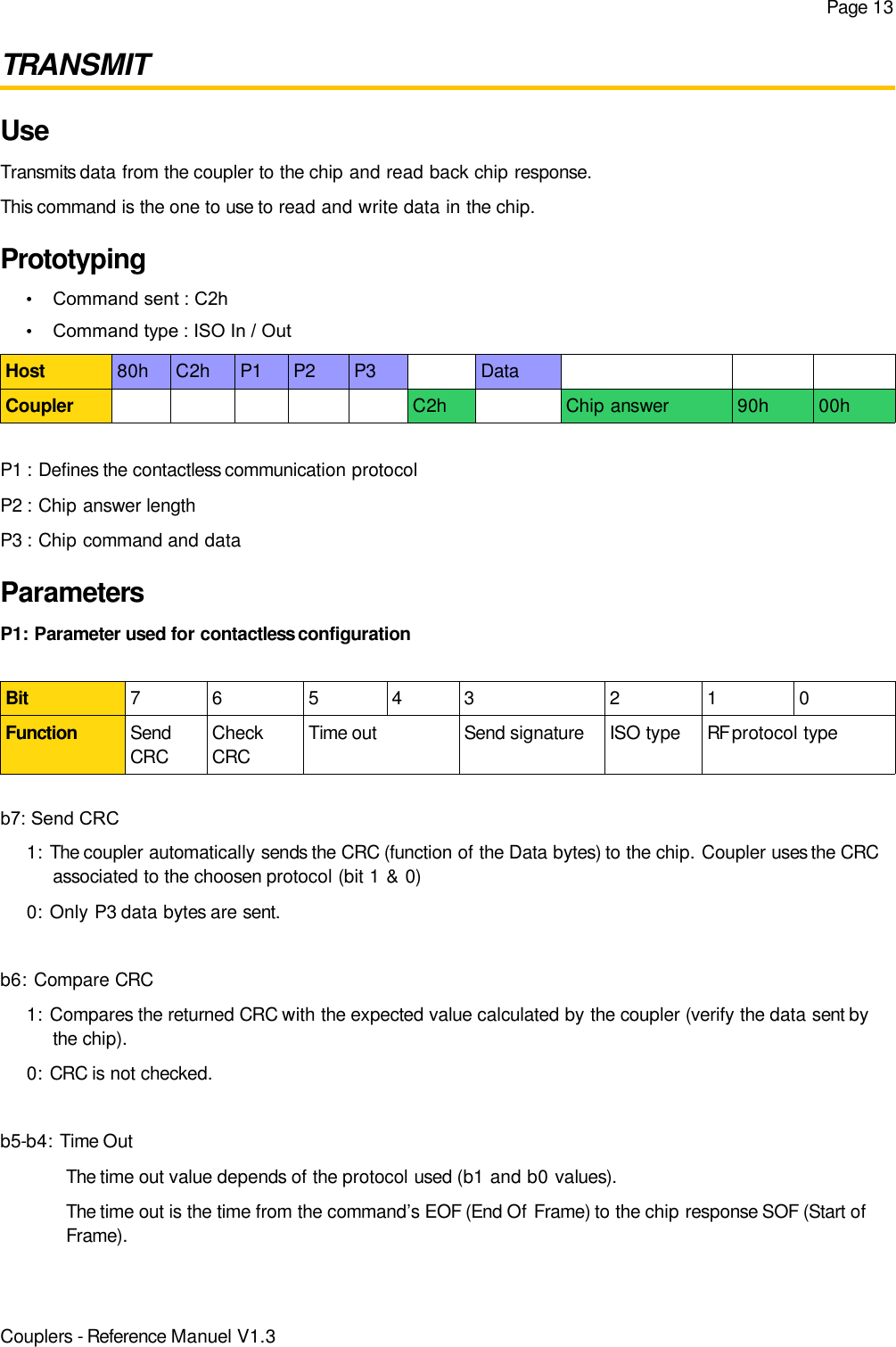 Page 13TRANSMITUseTransmits data from the coupler to the chip and read back chip response.This command is the one to use to read and write data in the chip.Prototyping•Command sent : C2h•Command type : ISO In / OutHost 80h C2h P1 P2 P3 DataCoupler C2h Chip answer 90h 00hP1 : Defines the contactless communication protocolP2 : Chip answer lengthP3 : Chip command and dataParametersP1: Parameter used for contactless configurationBit 7 6 5 4 3 2 1 0Function SendCRCCheckCRCTime out Send signature ISO type RF protocol type b7: Send CRC1: The coupler automatically sends the CRC (function of the Data bytes) to the chip. Coupler uses the CRCassociated to the choosen protocol (bit 1 &amp; 0)0: Only P3 data bytes are sent.b6: Compare CRC1: Compares the returned CRC with the expected value calculated by the coupler (verify the data sent bythe chip).0: CRC is not checked.b5-b4: Time OutThe time out value depends of the protocol used (b1 and b0 values).The time out is the time from the command’s EOF (End Of Frame) to the chip response SOF (Start ofFrame).Couplers - Reference Manuel V1.3