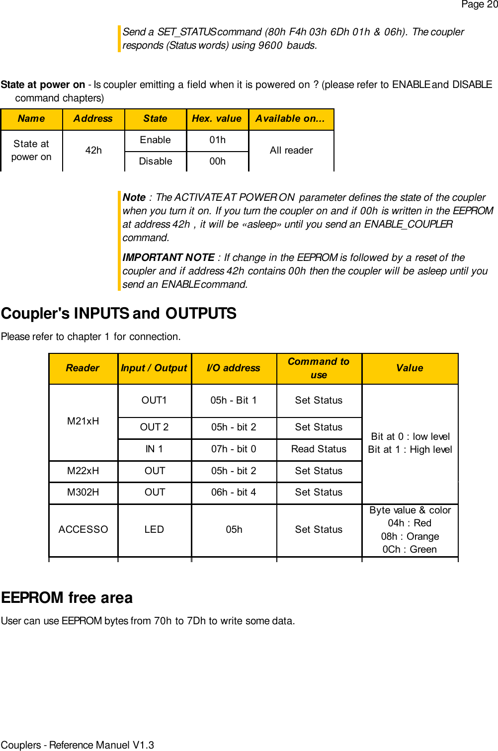 Page 20Send a SET_STATUS command (80h F4h 03h 6Dh 01h &amp; 06h). The couplerresponds (Status words) using 9600 bauds.State at power on - Is coupler emitting a field when it is powered on ? (please refer to ENABLE and DISABLEcommand chapters)Note : The ACTIVATE AT POWER ON parameter defines the state of the couplerwhen you turn it on. If you turn the coupler on and if 00h is written in the EEPROMat address 42h , it will be «asleep» until you send an ENABLE_COUPLERcommand.IMPORTANT NOTE : If change in the EEPROM is followed by a reset of thecoupler and if address 42h contains 00h then the coupler will be asleep until yousend an ENABLE command.Coupler&apos;s INPUTS and OUTPUTSPlease refer to chapter 1 for connection.EEPROM free areaUser can use EEPROM bytes from 70h to 7Dh to write some data.Couplers - Reference Manuel V1.3Name Address State Hex. value Available on...Enable 01hDisable 00hAll reader42hState at power onReader Input / Output I/O address Command to use ValueOUT1 05h - Bit 1 Set StatusOUT 2 05h - bit 2 Set StatusIN 1 07h - bit 0 Read StatusM22xH OUT 05h - bit 2 Set StatusM302H OUT 06h - bit 4 Set StatusByte value &amp; color04h : Red08h : Orange0Ch : GreenBit at 0 : low levelBit at 1 : High levelM21xHSet Status05hLEDACCESSO