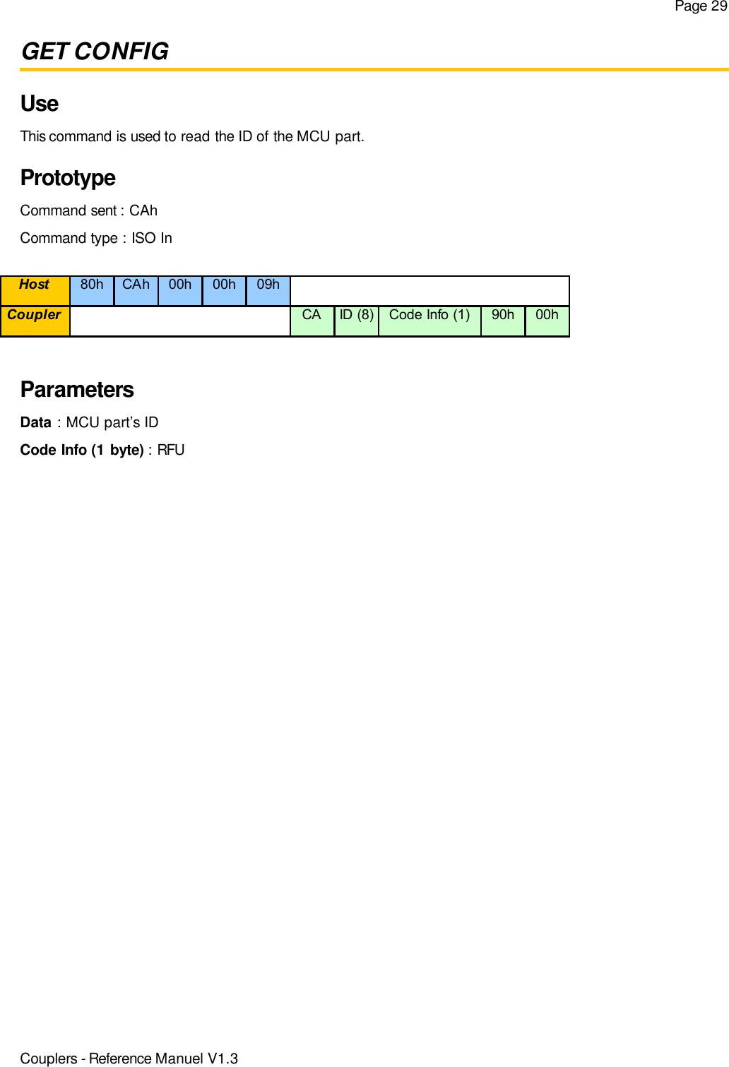 Page 29GET CONFIGUseThis command is used to read the ID of the MCU part.PrototypeCommand sent : CAhCommand type : ISO InParametersData : MCU part’s IDCode Info (1 byte) : RFUCouplers - Reference Manuel V1.3Host 80h CAh 00h 00h 09hCoupler CA ID (8) Code Info (1) 90h 00h