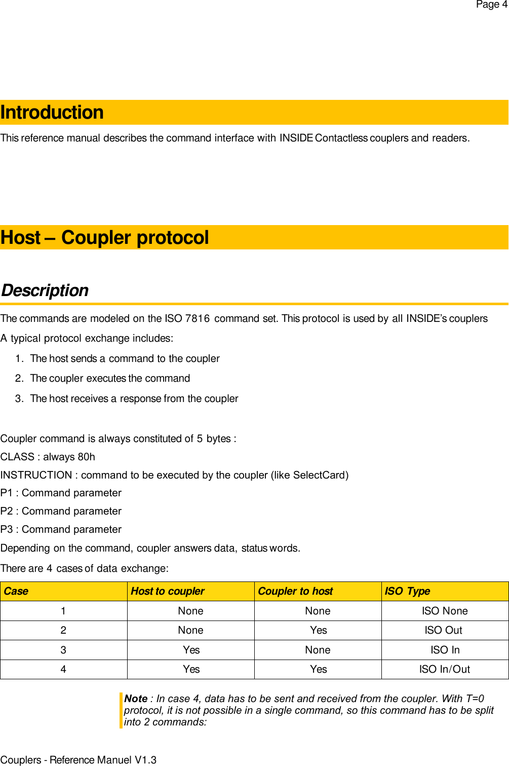 Page 4IntroductionThis reference manual describes the command interface with INSIDE Contactless couplers and readers.Host – Coupler protocolDescriptionThe commands are modeled on the ISO 7816 command set. This protocol is used by all INSIDE’s couplersA typical protocol exchange includes:1. The host sends a command to the coupler2. The coupler executes the command3. The host receives a response from the couplerCoupler command is always constituted of 5 bytes :CLASS : always 80hINSTRUCTION : command to be executed by the coupler (like SelectCard)P1 : Command parameterP2 : Command parameterP3 : Command parameterDepending on the command, coupler answers data, status words.There are 4 cases of data exchange:Case Host to coupler Coupler to host ISO Type1 None None ISO None2 None Yes ISO Out 3 Yes None ISO In4 Yes Yes ISO In/OutNote : In case 4, data has to be sent and received from the coupler. With T=0protocol, it is not possible in a single command, so this command has to be splitinto 2 commands:Couplers - Reference Manuel V1.3