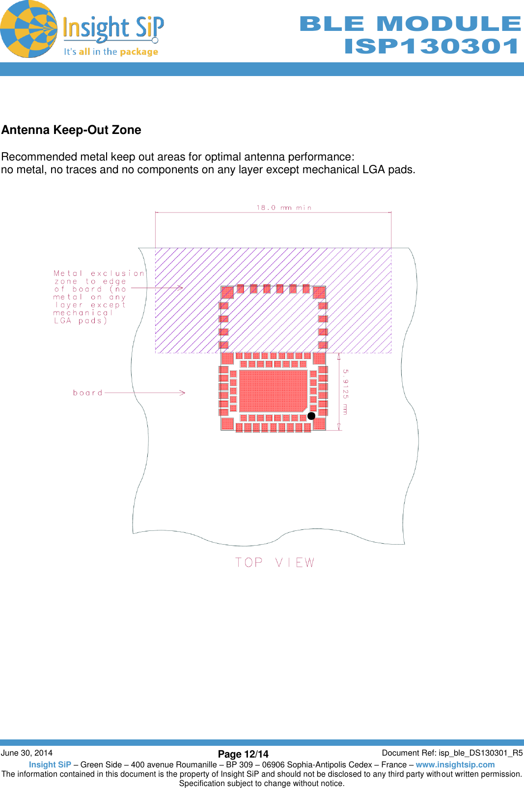        June 30, 2014 Page 12/14 Document Ref: isp_ble_DS130301_R5 Insight SiP – Green Side – 400 avenue Roumanille – BP 309 – 06906 Sophia-Antipolis Cedex – France – www.insightsip.com The information contained in this document is the property of Insight SiP and should not be disclosed to any third party without written permission. Specification subject to change without notice.     BLE MODULE ISP130301   Antenna Keep-Out Zone  Recommended metal keep out areas for optimal antenna performance: no metal, no traces and no components on any layer except mechanical LGA pads.                