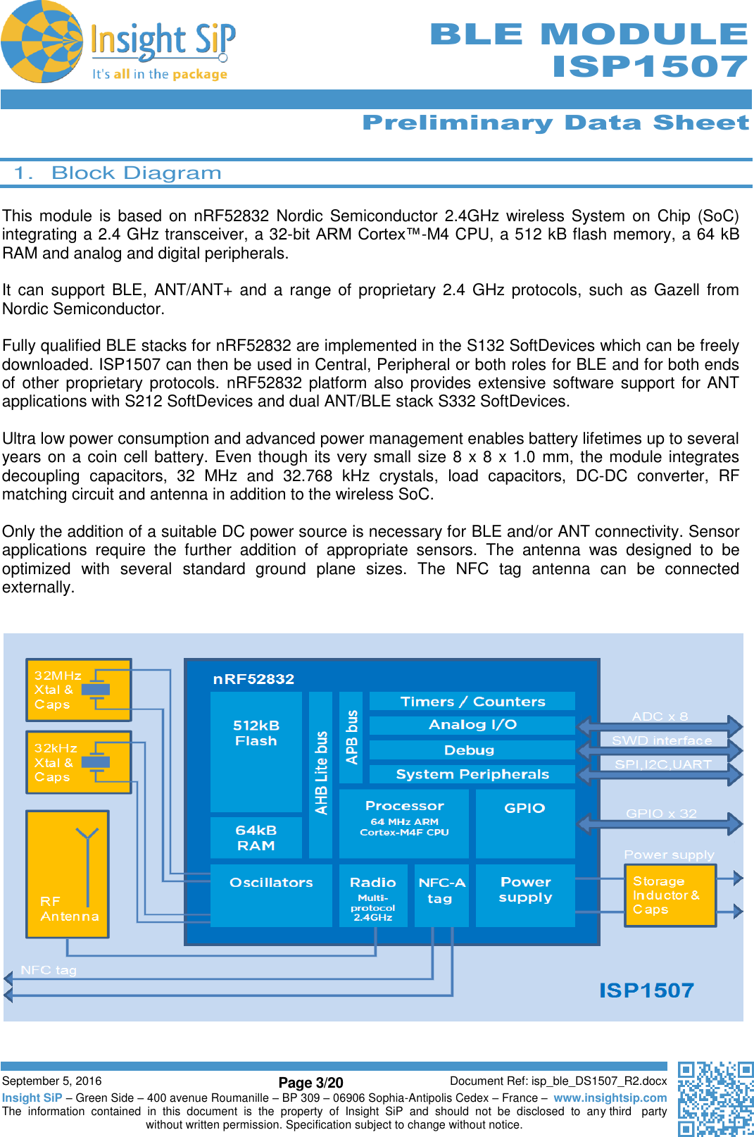      Preliminary Data Sheet  September 5, 2016 Page 3/20 Document Ref: isp_ble_DS1507_R2.docx Insight SiP – Green Side – 400 avenue Roumanille – BP 309 – 06906 Sophia-Antipolis Cedex – France –  www.insightsip.com The  information  contained  in  this  document  is  the  property  of  Insight  SiP  and  should  not  be  disclosed  to  any third   party without written permission. Specification subject to change without notice.      BLE MODULE ISP1507  1.  Block Diagram  This module is based  on nRF52832 Nordic Semiconductor 2.4GHz  wireless System on  Chip  (SoC) integrating a 2.4 GHz transceiver, a 32-bit ARM Cortex™-M4 CPU, a 512 kB flash memory, a 64 kB RAM and analog and digital peripherals.   It  can  support BLE,  ANT/ANT+  and  a  range  of  proprietary  2.4  GHz protocols, such  as  Gazell  from Nordic Semiconductor.  Fully qualified BLE stacks for nRF52832 are implemented in the S132 SoftDevices which can be freely downloaded. ISP1507 can then be used in Central, Peripheral or both roles for BLE and for both ends of other proprietary protocols.  nRF52832 platform also provides extensive software support for ANT applications with S212 SoftDevices and dual ANT/BLE stack S332 SoftDevices.  Ultra low power consumption and advanced power management enables battery lifetimes up to several years on a coin cell battery. Even though its very small size 8 x 8 x 1.0  mm, the module integrates decoupling  capacitors,  32  MHz  and  32.768  kHz  crystals,  load  capacitors,  DC-DC  converter,  RF matching circuit and antenna in addition to the wireless SoC.  Only the addition of a suitable DC power source is necessary for BLE and/or ANT connectivity. Sensor applications  require  the  further  addition  of  appropriate  sensors.  The  antenna  was  designed  to  be optimized  with  several  standard  ground  plane  sizes.  The  NFC  tag  antenna  can  be  connected externally.       