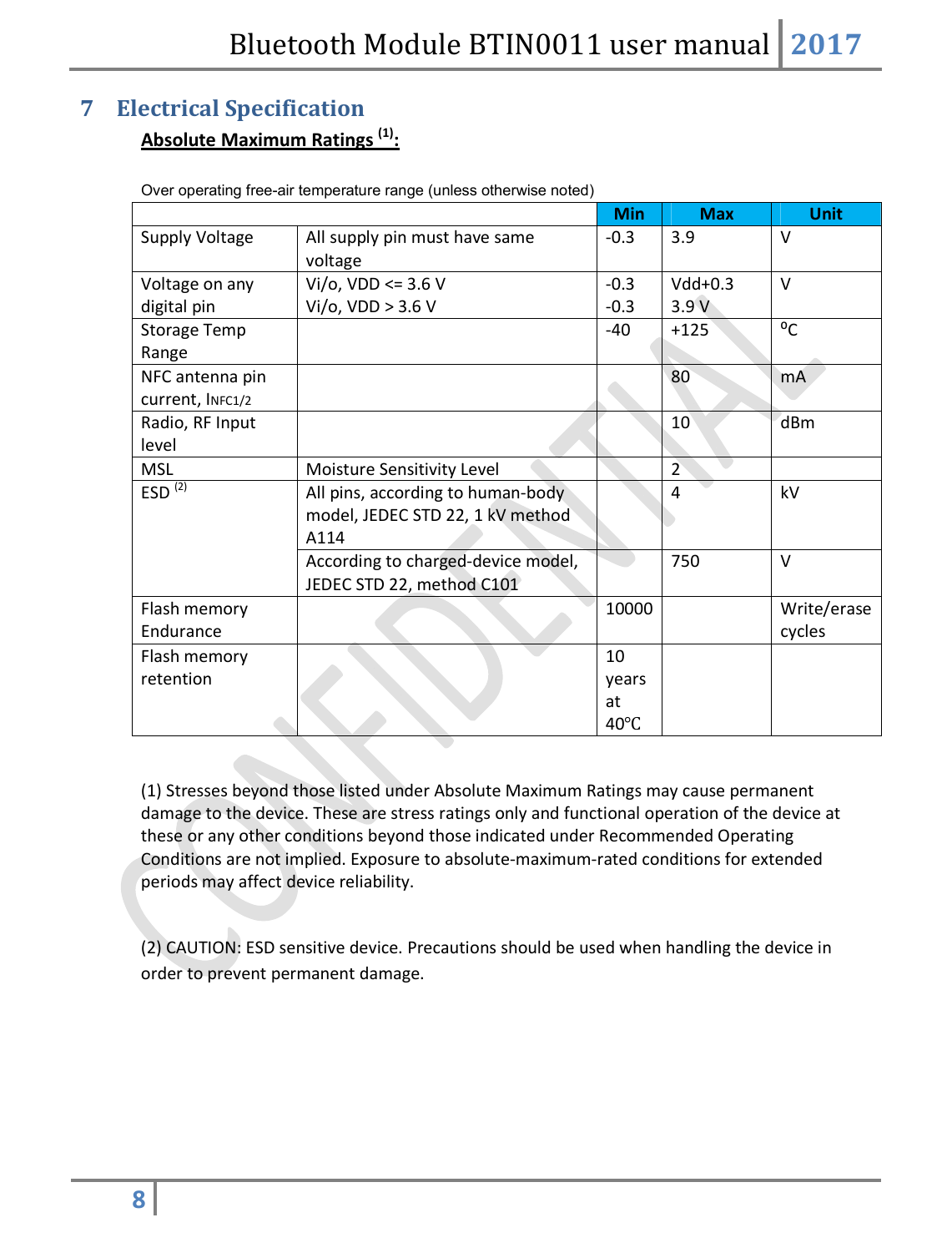 Bluetooth Module BTIN0011 user manual 2017  8   7 Electrical Specification Absolute Maximum Ratings (1):  Over operating free-air temperature range (unless otherwise noted)  Min Max Unit Supply Voltage All supply pin must have same voltage -0.3 3.9 V Voltage on any digital pin Vi/o, VDD &lt;= 3.6 V Vi/o, VDD &gt; 3.6 V -0.3 -0.3 Vdd+0.3 3.9 V V Storage Temp Range  -40 +125 ⁰C NFC antenna pin current, INFC1/2   80 mA Radio, RF Input level   10 dBm MSL Moisture Sensitivity Level  2  ESD (2) All pins, according to human-body model, JEDEC STD 22, 1 kV method A114  4 kV According to charged-device model, JEDEC STD 22, method C101  750 V Flash memory Endurance  10000  Write/erase cycles Flash memory retention  10 years at 40℃    (1) Stresses beyond those listed under Absolute Maximum Ratings may cause permanent damage to the device. These are stress ratings only and functional operation of the device at these or any other conditions beyond those indicated under Recommended Operating Conditions are not implied. Exposure to absolute-maximum-rated conditions for extended periods may affect device reliability.  (2) CAUTION: ESD sensitive device. Precautions should be used when handling the device in order to prevent permanent damage.     