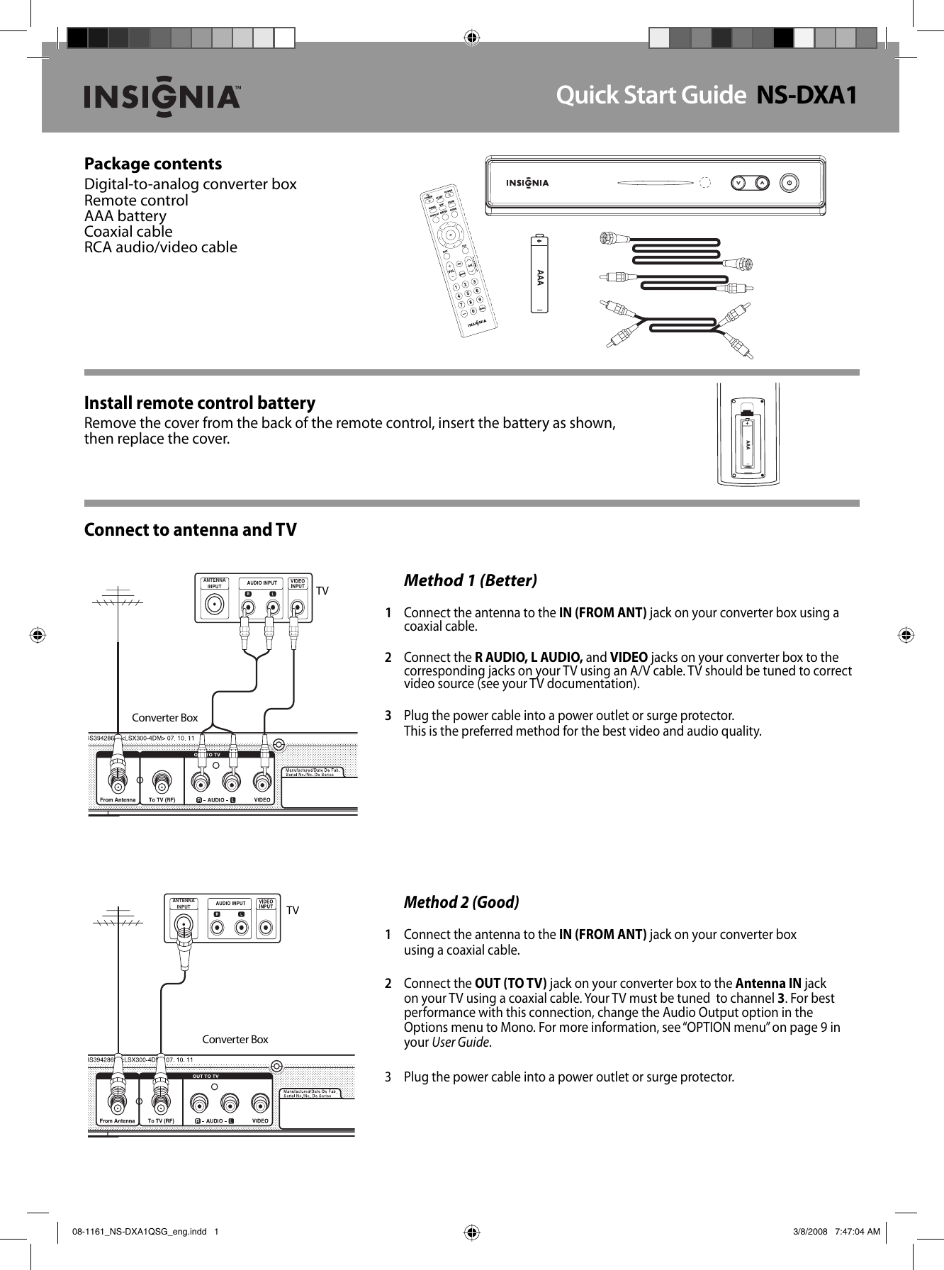 Page 1 of 2 - Insignia Insignia-Ns-Dxa1-Users-Manual- 08-1161_NS-DXA1QSG_eng  Insignia-ns-dxa1-users-manual