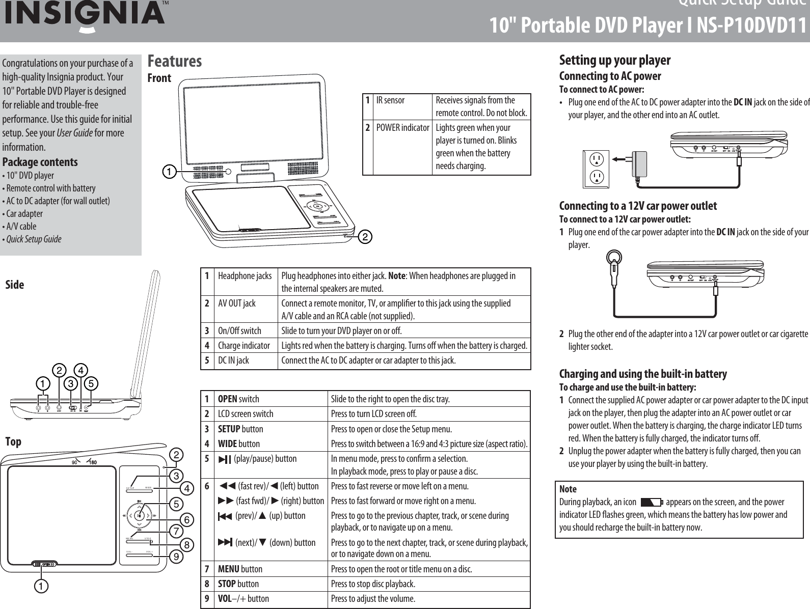 Page 1 of 2 - Insignia Insignia-Ns-P10Dvd11-Quick-Start-Guide NS-P10DVD11_11-0663_QSG_V2_EN_LR