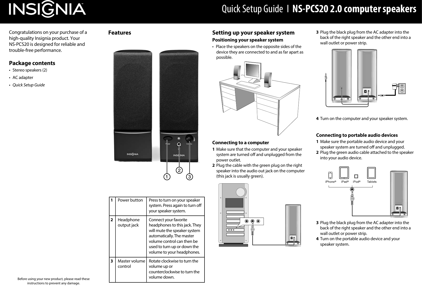 Page 1 of 2 - Insignia Insignia-Ns-Pcs20-Quick-Start-Guide NS-PCS20_13-0610_QSG_V3_EN